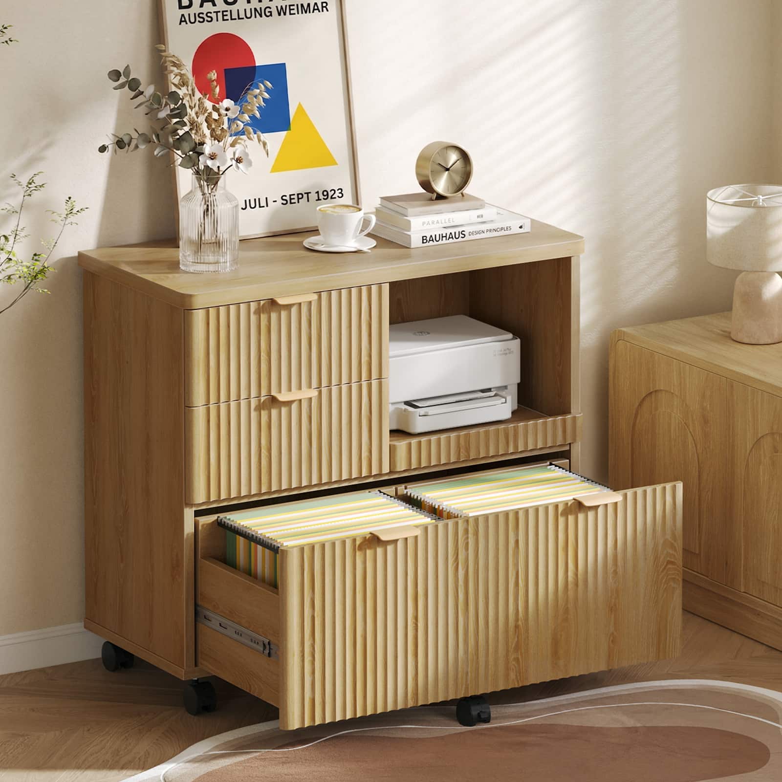 Bestier - Modern Mobile File Cabinet with Printer Tray, Fluted Design, Heavy-Duty Build - Natual Oak