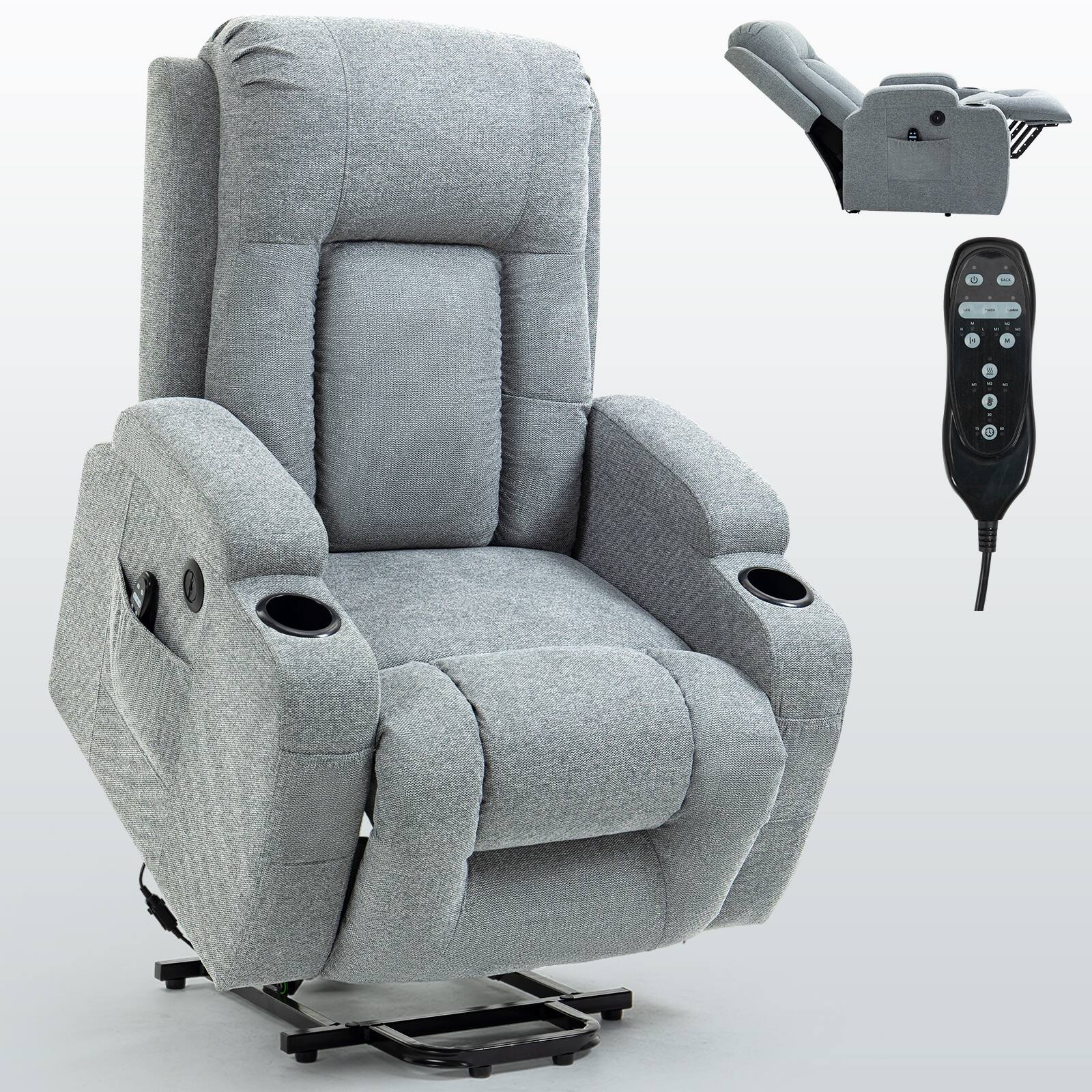 Alt View 6. LUCKY ONE - Chenille Single Motor Power Lift Recliner Chair with Massage and Heat, Infinite Position, USB, Cup Holder - Grey.