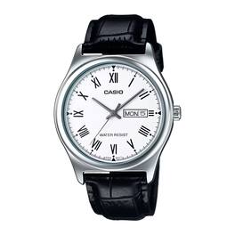 Casio - Men’s White Roman Dial Day Date Analog Watch with Leather Strap - MTP-V006L-7BUDF - Black