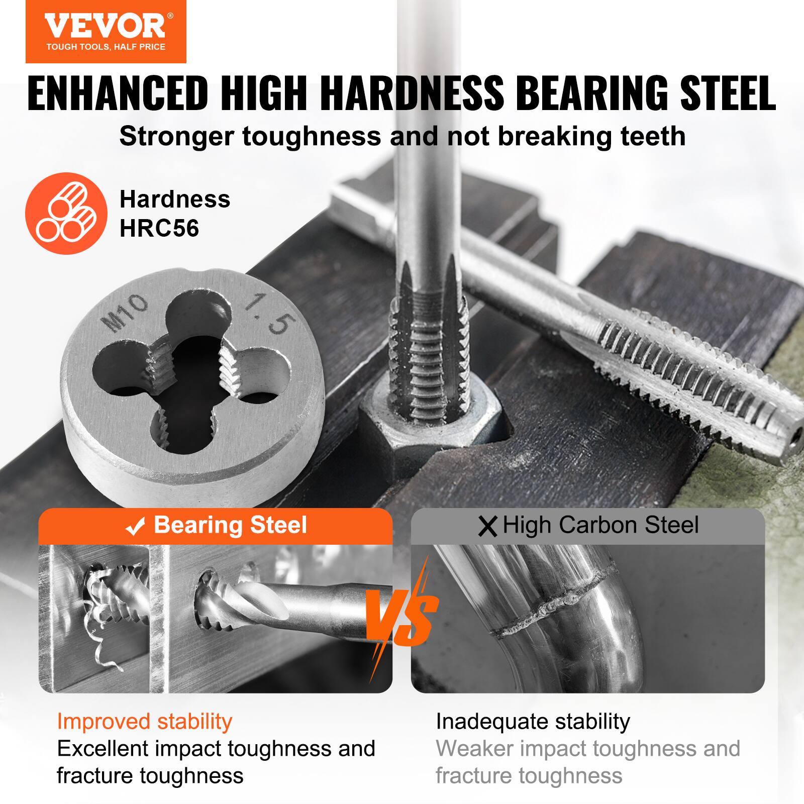 VEVOR  
TOUGH TOOLS, HALF PRICE  

ENHANCED HIGH HARDNESS BEARING STEEL  
Stronger toughness and not breaking teeth  

Hardness  
HRC56  

Bearing Steel  
Improved stability  
Excellent impact toughness and fracture toughness  

High Carbon Steel  
Inadequate stability  
Weaker impact toughness and fracture toughness