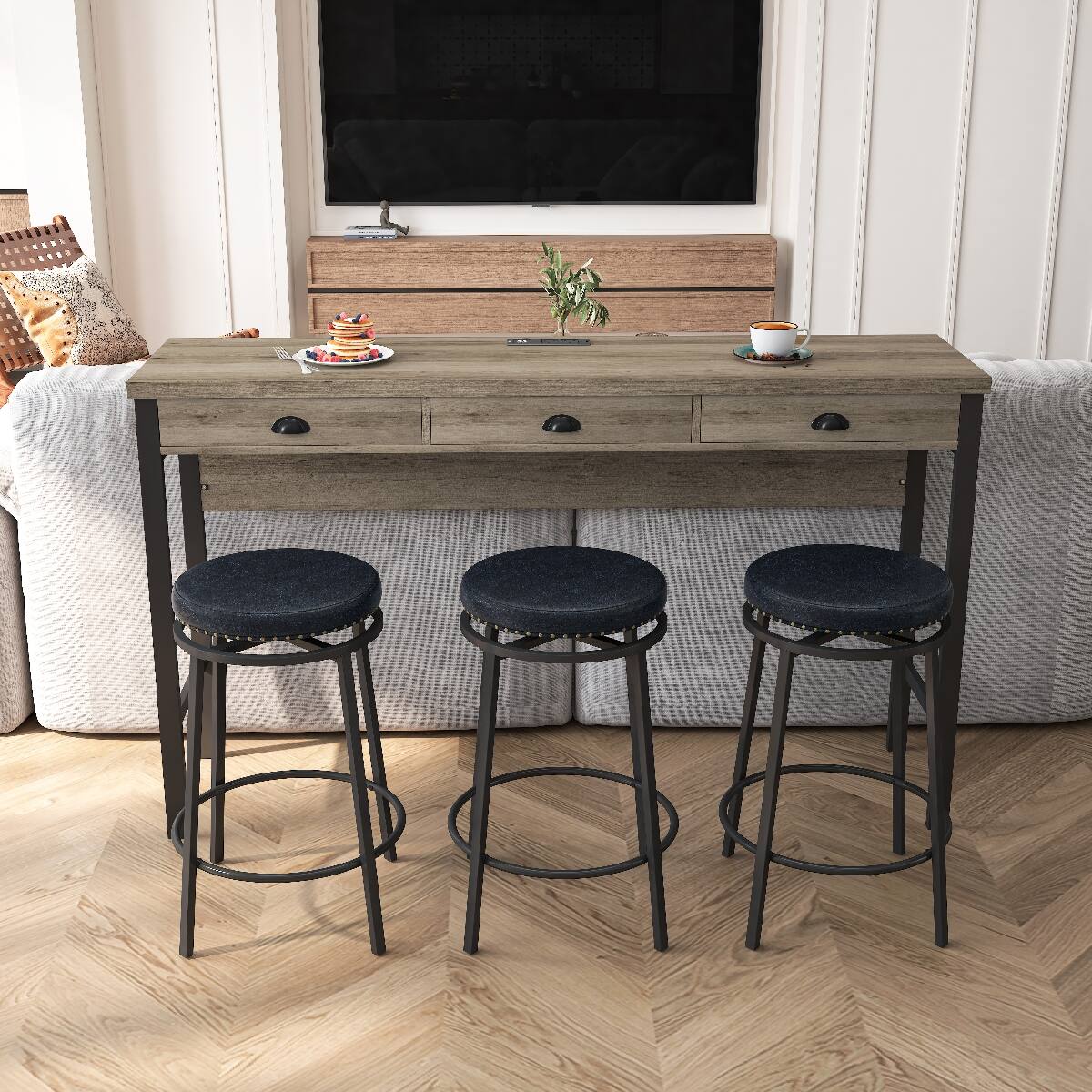 Back. Loheer - Loheer Dining Table Set With Three Stools and Tabletop Power Outlets, Brown Gray and Black - Brown Gray Table and Black Stool.