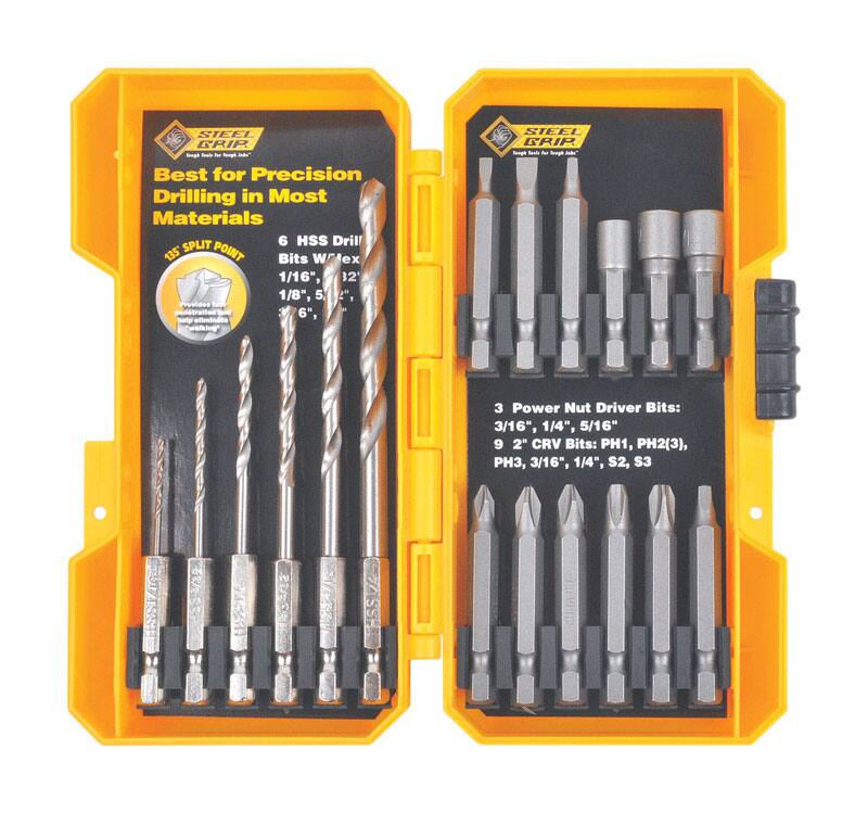 SIEE CRIR - Best for Precision Drilling in Most Materials  
6 HSS Drill Bits with Split Point: 1/16", 1/8", 5/32", 1/4", 5/16", 3/8", 1/2", 5/8", 3/4", 1", 1 1/8", 1 1/4", 1 1/2", 1 3/4", 2", 2 1/2", 3", 3 1/2", 4", 4 1/2", 5", 5 1/2", 6"  

SIEE BRIR -  
3 Power Nut Driver Bits: 3/16", 1/4", 5/16"  
9 2" CRV Bits: PH1, PH2(3), PH3, 3/16", 1/4", S2, S3
