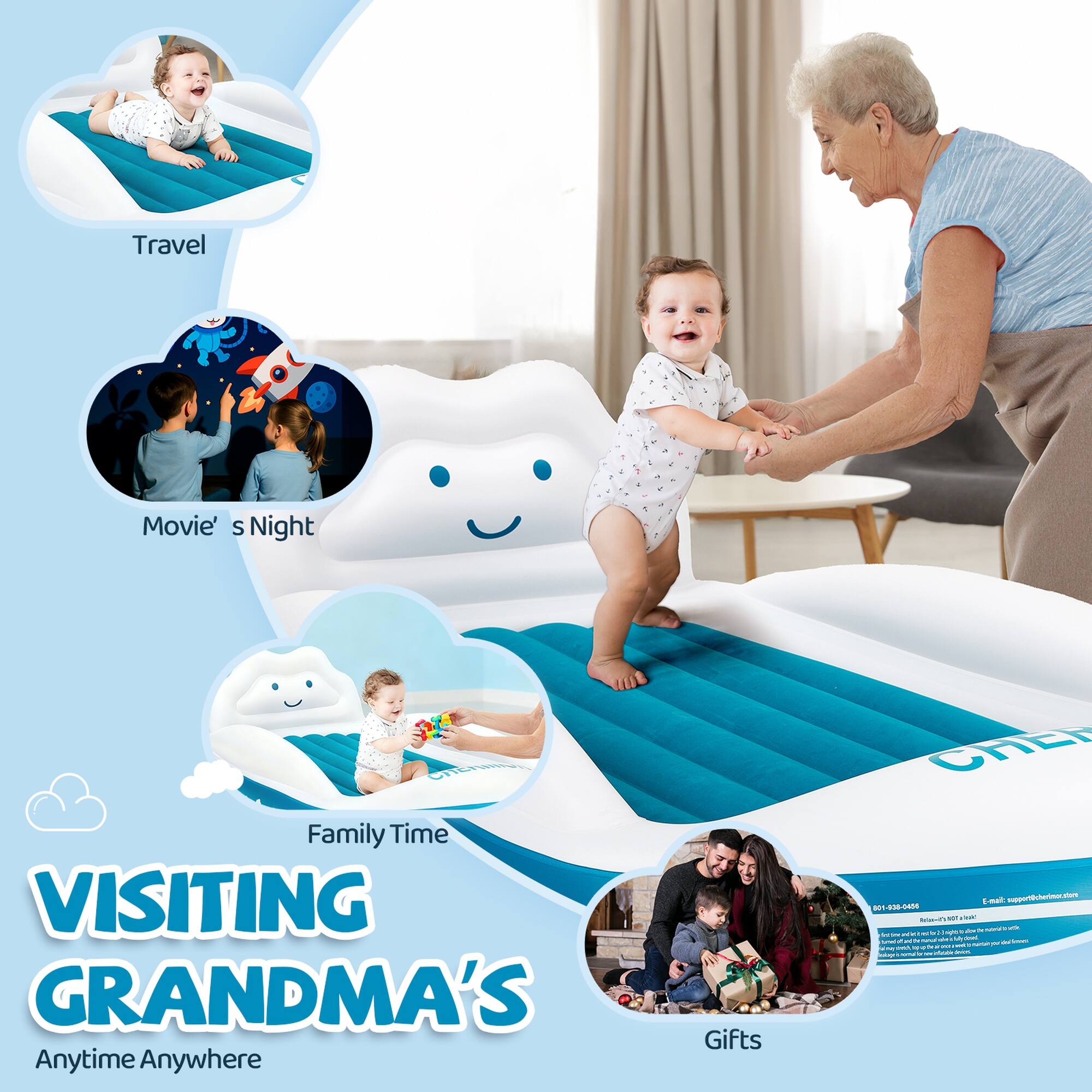 Travel  
Movie's Night  
Family Time  
VISITING GRANDMA'S Anytime Anywhere  
Gifts  

CHER  
E-mail: support@cherimor.store  
001-938-0456  
MH-1  
NOT ANK  

ack der ml kcal) Snight e SAL Per SAVE & PM CA' EXIDA  
inficiole