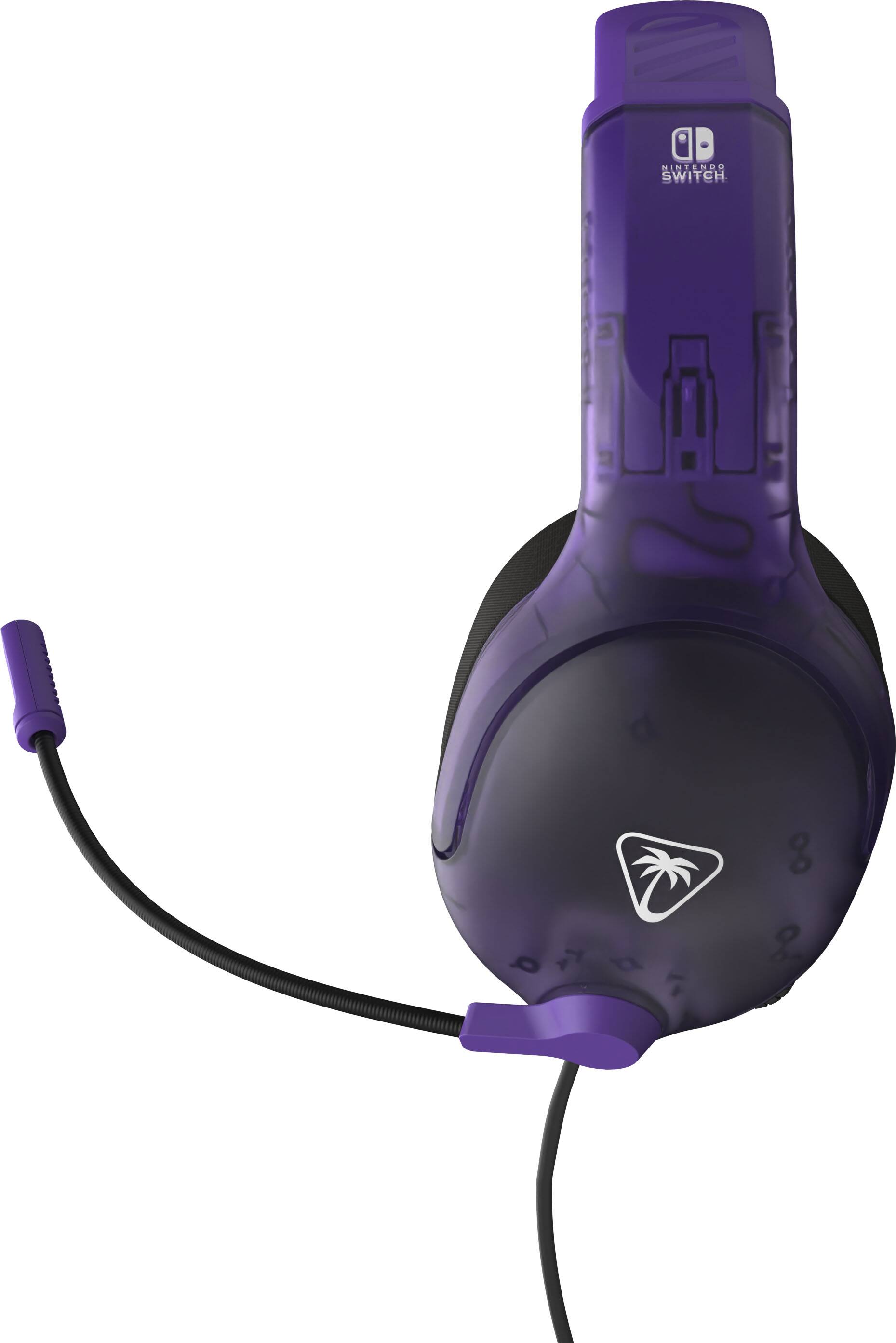 The image shows a purple Nintendo Switch headset, which is a gaming accessory for the Switch gaming console. The headset is designed to provide an immersive audio experience for players, allowing them to fully enjoy their gaming sessions. The headset is purple and black in color, and it is connected to the Switch console via a cord. The headset is a popular choice among gamers who want to enhance their gaming experience with high-quality audio.
