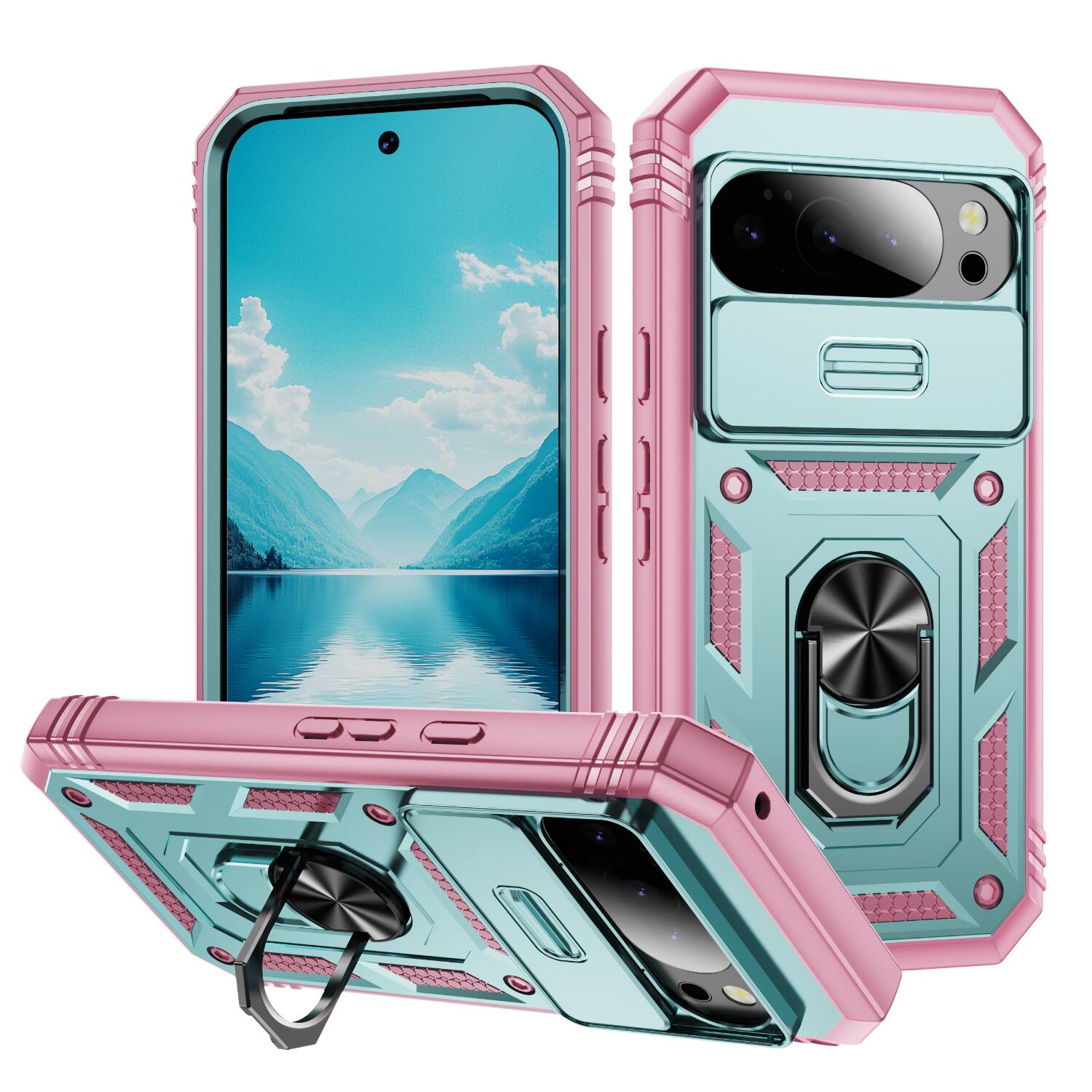 Front. Dteck - Dteck Ring Holder Stand Case for Google Pixel 10 Pro / 10, Shockproof Slide Camera Protection Cover - Green/Pink.