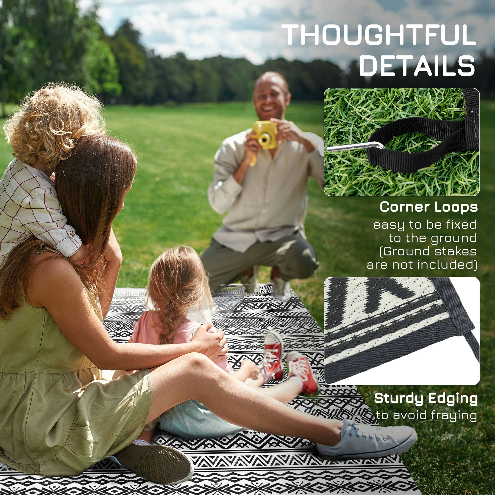 THOUGHTFUL DETAILS
Corner Loops easy to be fixed to the ground (Ground stakes are not included)
Sturdy Edging to avoid fraying