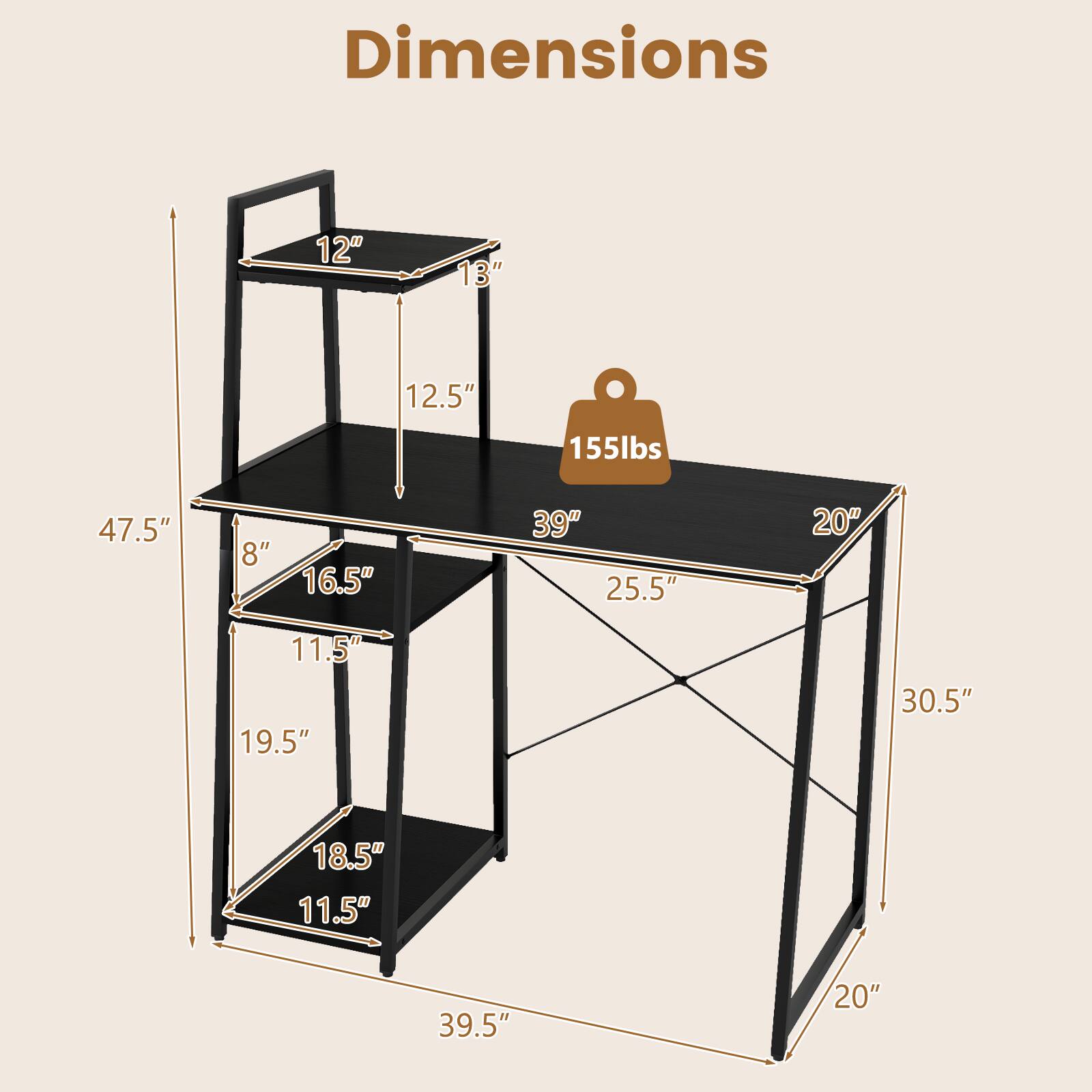 Dimensions: 12" x 13" x 12.5" x 47.5" x 8" x 16.5" x 11.5" x 19.5" x 18.5" x 11.5" x 39.5" x 20" x 25.5" x 30.5" x 20"  
Weight Capacity: 155 lbs