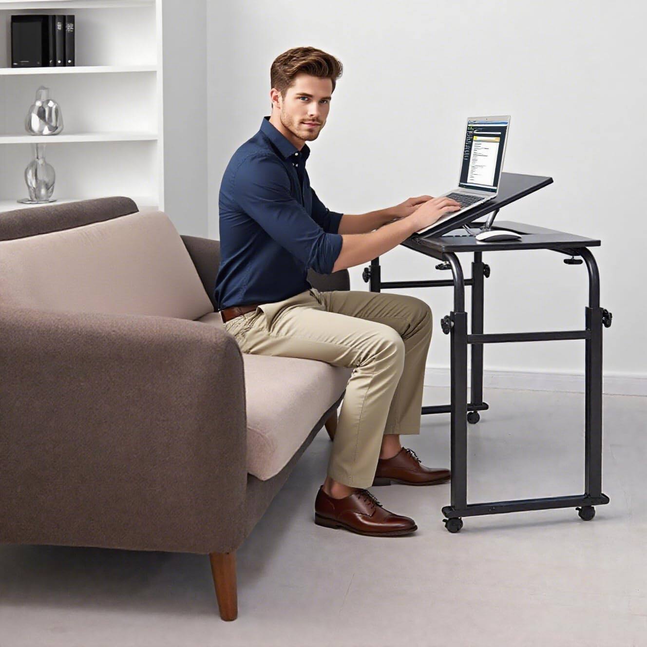 Angle. Homhougo - Mobile Laptop Desk - Portable Adjustable Height Cart Table with Wheels for Home Office Workstation - Black 120cm.