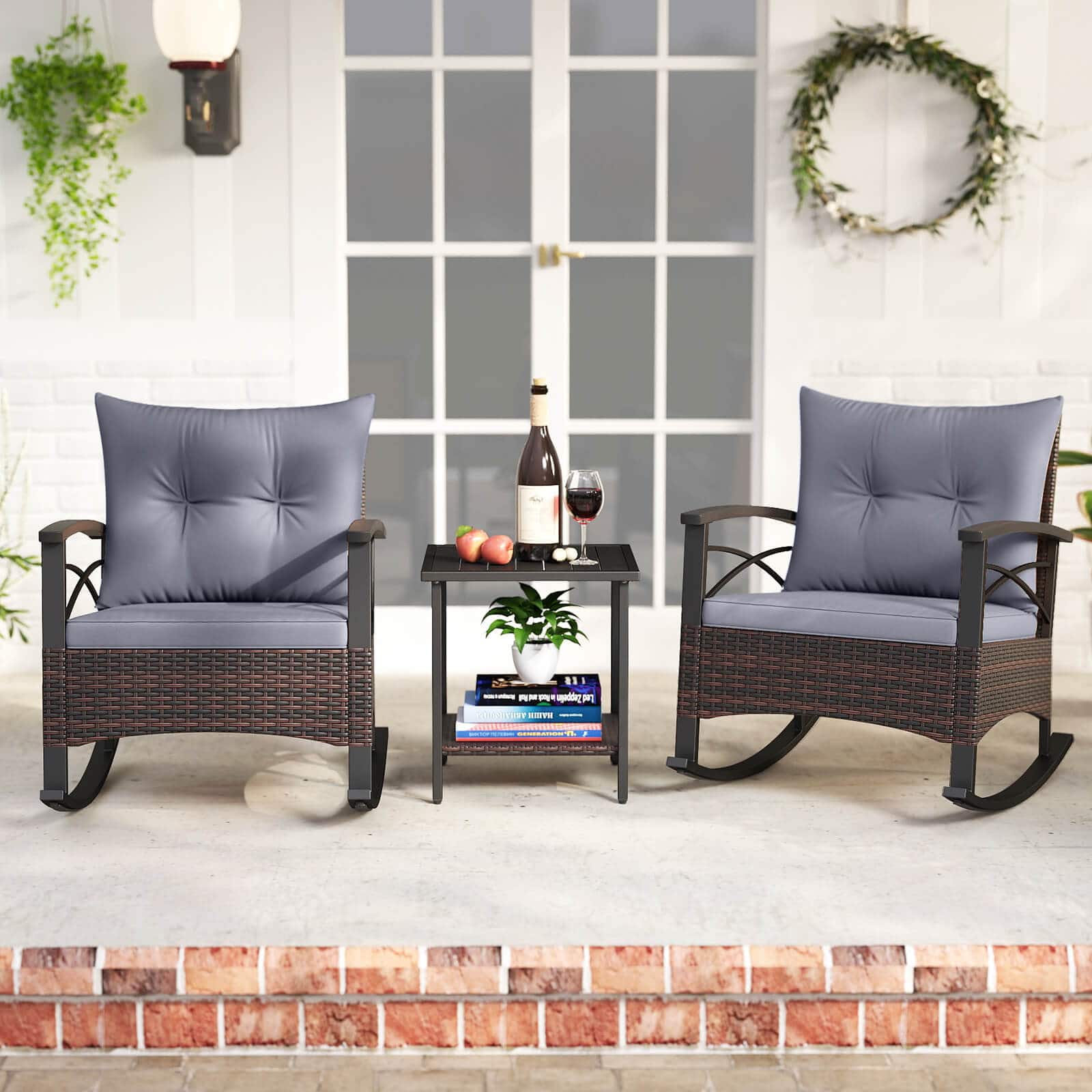 Costway - 3 PCS Rattan Rocking Chair Set with Acacia Wood Tabletop Armrests for Porch Balcony - Mix Brown + Gray