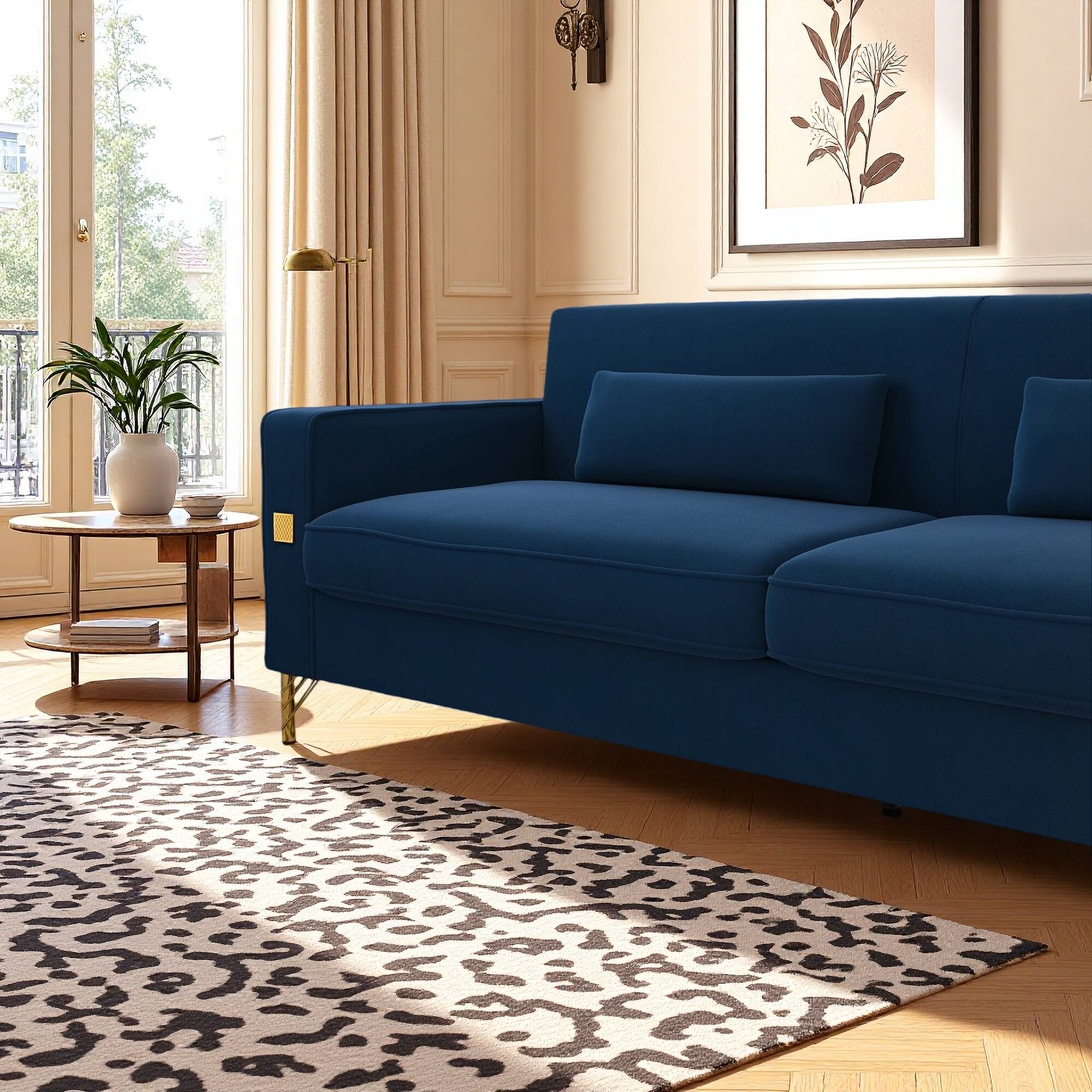 Left. Anysun - Luxury 3-Seat Velvet Sofa with Gold Accents - Plush Cushions for Living Room & Office. - Blue.