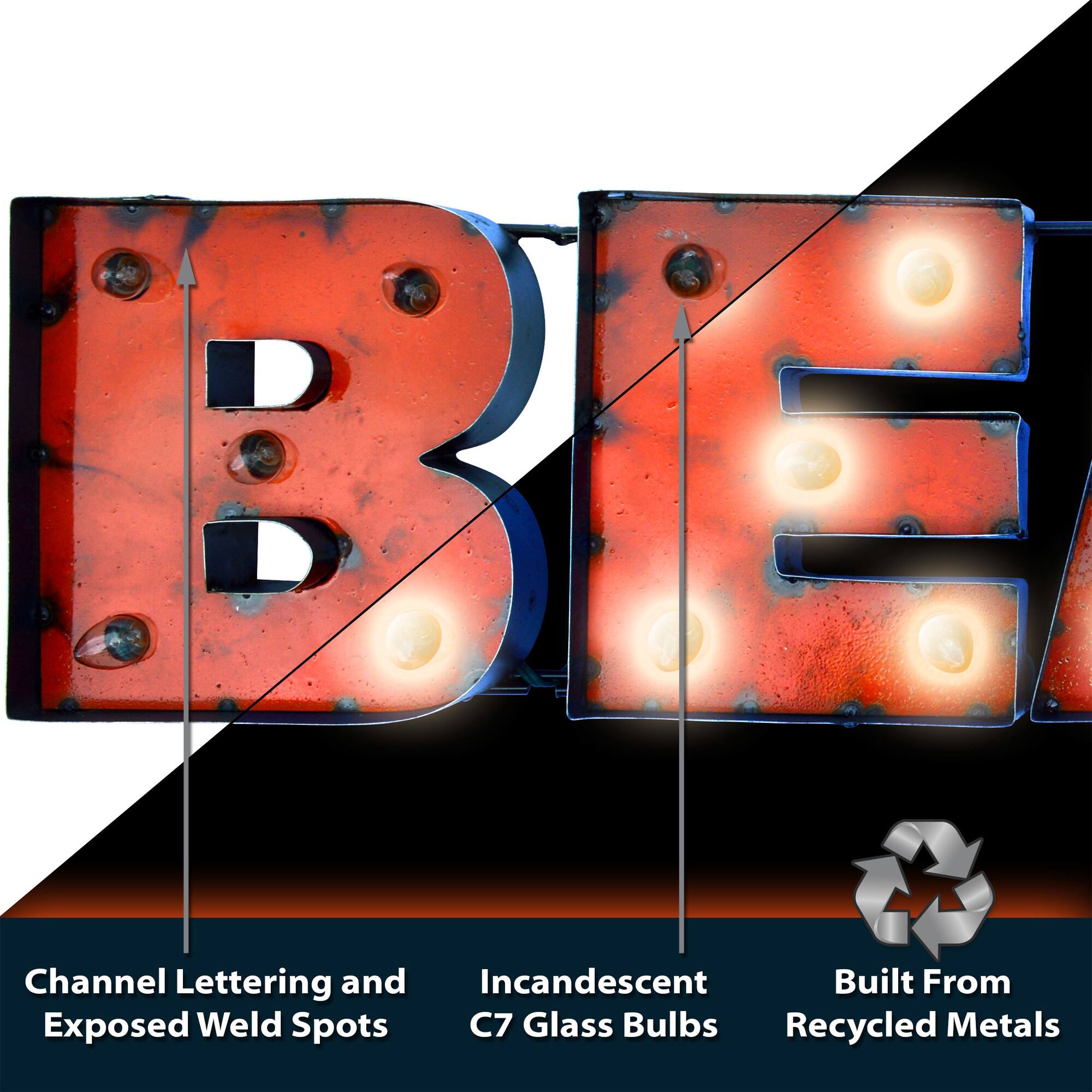 Channel Lettering and Exposed Weld Spots  
Incandescent C7 Glass Bulbs  
Built From Recycled Metals
