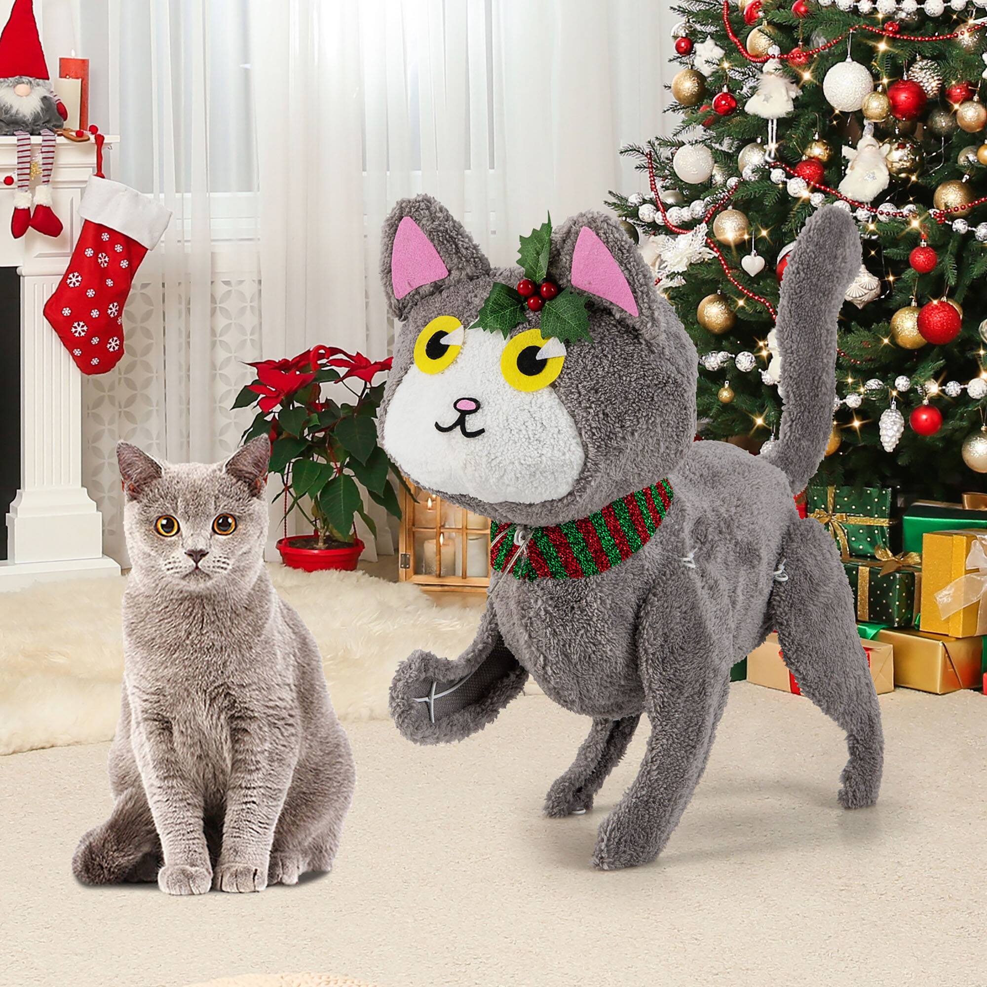 Alt View 3. Gymax - Gymax Lighted Christmas Cat w/ 88 LED Lights 4 Ground Stakes Cable Tiers for Yard - Gray.