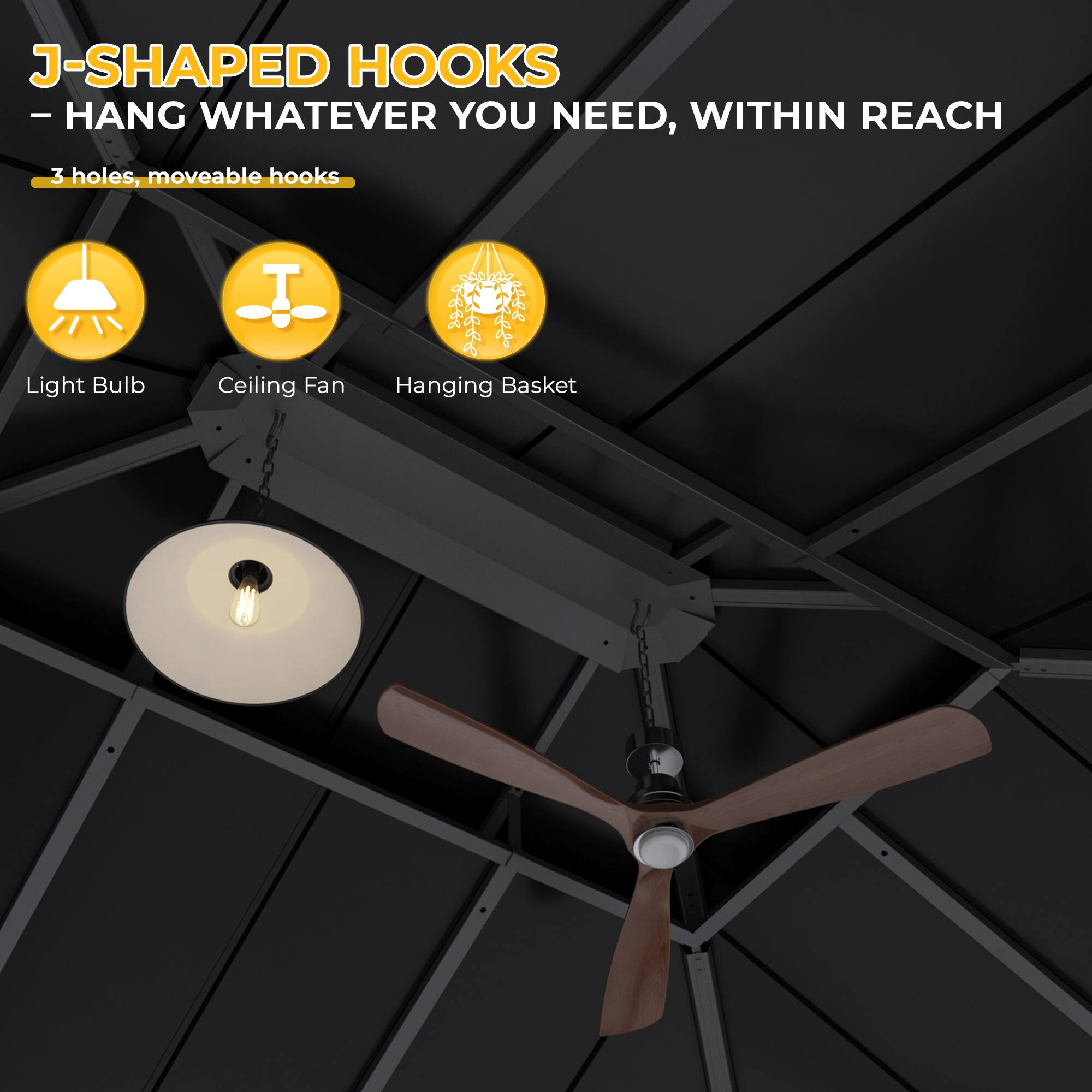 J-SHAPED HOOKS - HANG WHATEVER YOU NEED, WITHIN REACH

3 holes, moveable hooks

Light Bulb Ceiling Fan Hanging Basket