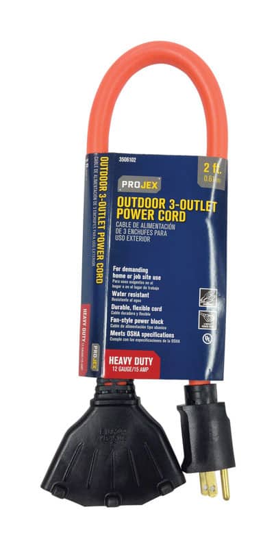 Sure, here is the corrected and grouped text:

---

**PROJEX**

**OUTDOOR 3-OUTLET POWER CORD**

**CABLE DE ALIMENTACIÓN PARA USO EXTERIOR**

**3566192**

**2 ft. / 0.61 m**

**For demanding home or job site use**

**Resistente al agua**

**Cable duradero y flexible**

**Fan-style power block**

**Cable de alimentación tipo abanico**

**Meets OSHA specifications**

**Comple con las especificaciones de la OSHA**

**UL**

**HEAVY DUTY**

**12 GAUGE / 15 AMP**

---

This text is organized to reflect the information on the product label accurately.