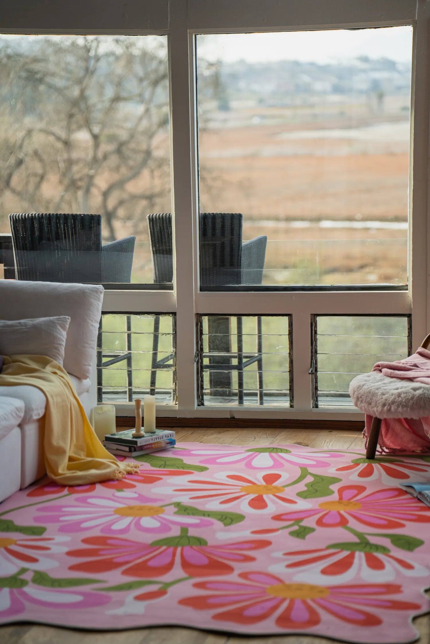 Back. Lanyspace - 7'x10' Area Rug, Washable Rugs, Non-Slip and Tear-Resistant Soft Carpet, Pink Base Pink Floral Wavy Rug for Home Decor - Multicolor.