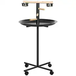 Pawhut - Bird Play Stand, Parrot Perch Bird Feeder Station with Wheels, Stainless Steel Feeding Bowls - Gray