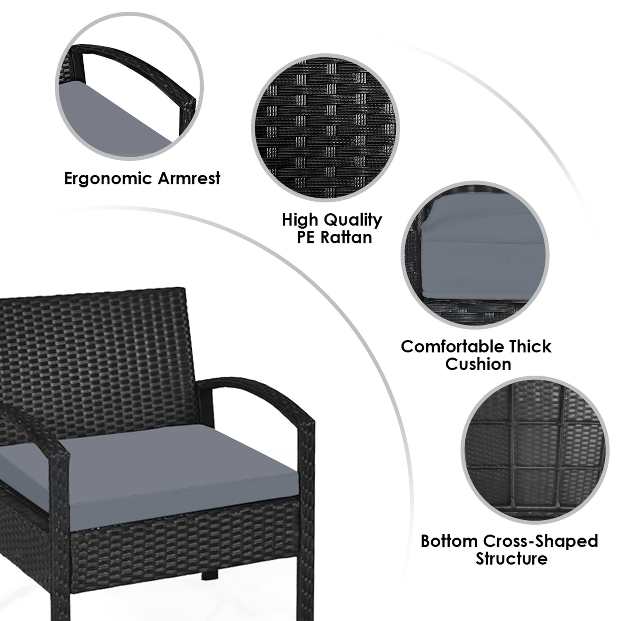Ergonomic Armrest  
High Quality PE Rattan  
Comfortable Thick Cushion  
Bottom Cross-Shaped Structure