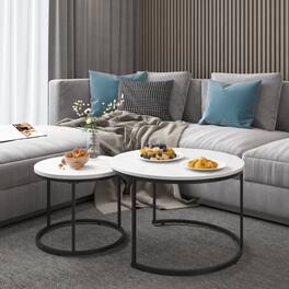 Z-Edge - Modern Coffee Table, Nesting Round Table Set of 2, Side Table with Sturdy Metal Frame for Living Room Bedroom Apartment - White + Black
