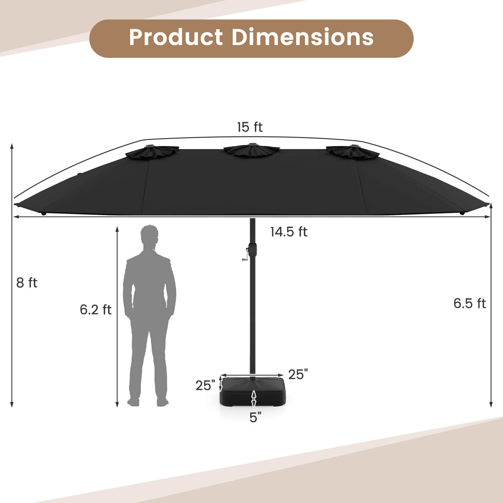 Product Dimensions

- 15 ft
- 14.5 ft
- 8 ft
- 6.2 ft
- 6.5 ft
- 25"
- 25"
- 5"
