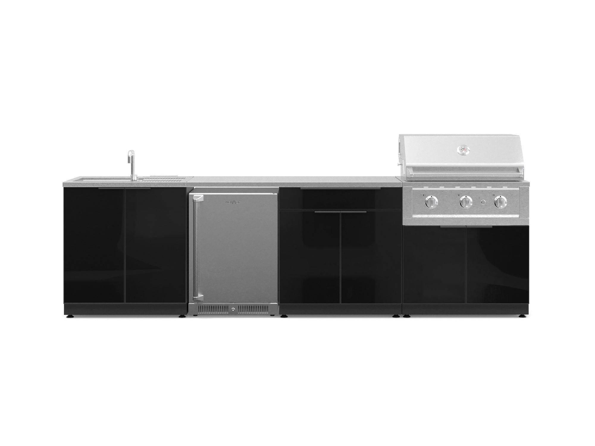 Front. NewAge Products - Outdoor Kitchen Aluminum 6 Piece Cabinet Set with Sink, Bar, Grill Cabinet, Performance Grill, Countertop and Fridge - Black.