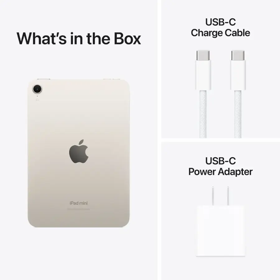 What's in the Box: USB-C Charge Cable, USB-C Power Adapter, iPad mini.
