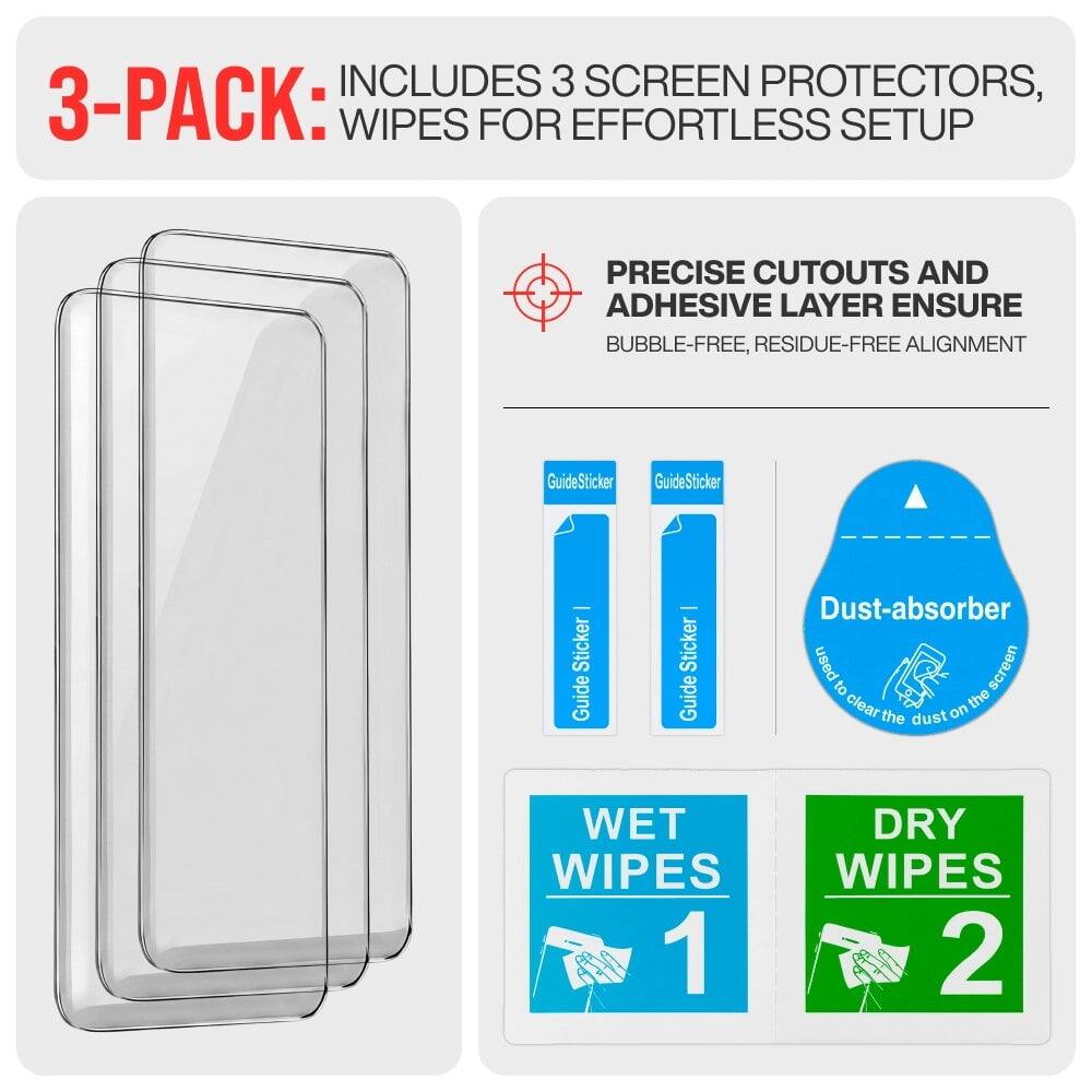 3-PACK: INCLUDES 3 SCREEN PROTECTORS, WIPES FOR EFFORTLESS SETUP

PRECISE CUTOUTS AND ADHESIVE LAYER ENSURE BUBBLE-FREE, RESIDUE-FREE ALIGNMENT

GuideSticker
GuideSticker
GuideSticker

Dust-absorber
used to clear the dust on the screen

WET WIPES 1
DRY WIPES 2