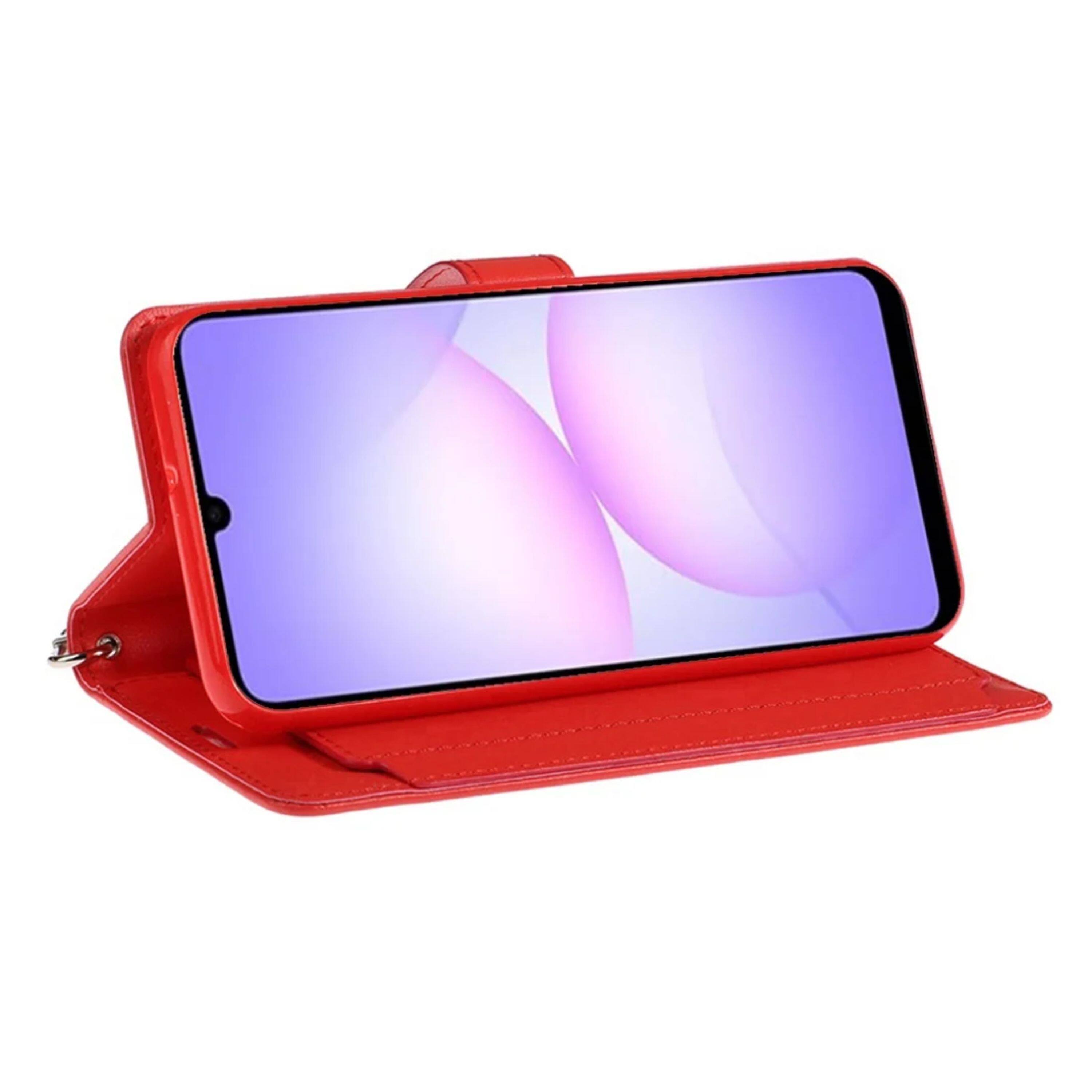Left. Kitcheniva - PU Leather Phone Wallet Case With Wrist Strap Tempered Glass For Samsung Galaxy A07 Red - Red.