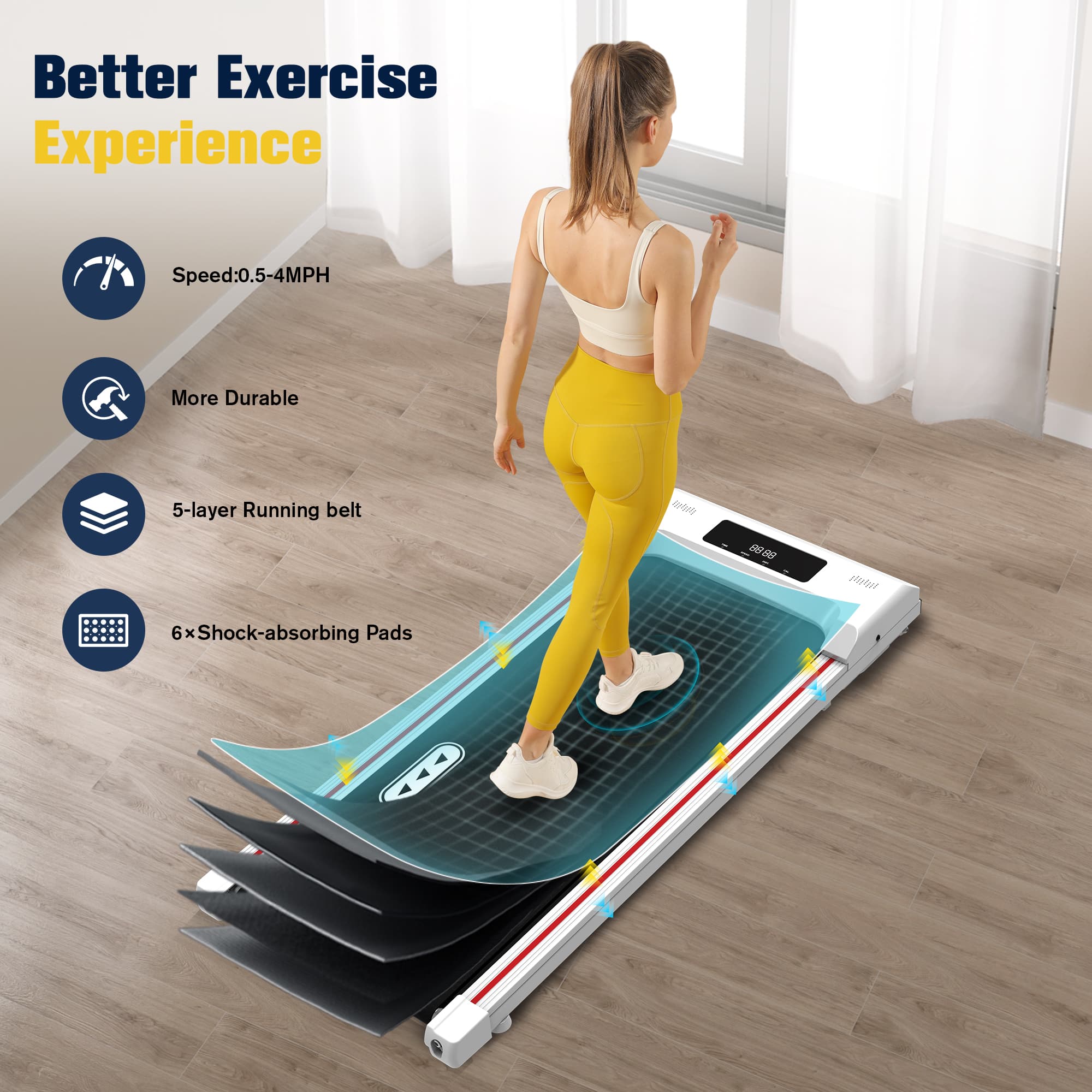 Better Exercise Experience
Speed: 0.5-4MPH
More Durable
5-layer Running belt
6xShock-absorbing Pads