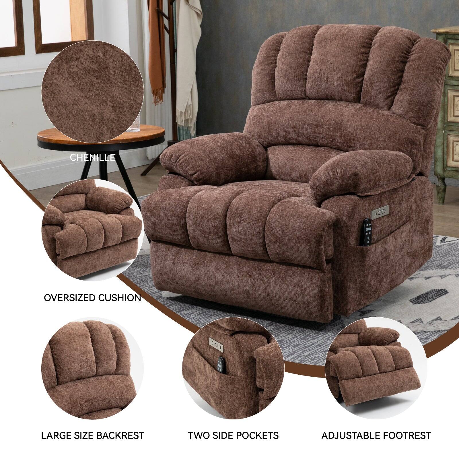CHENILLE  
OVERSIZED CUSHION  
LARGE SIZE BACKREST  
TWO SIDE POCKETS  
ADJUSTABLE FOOTREST