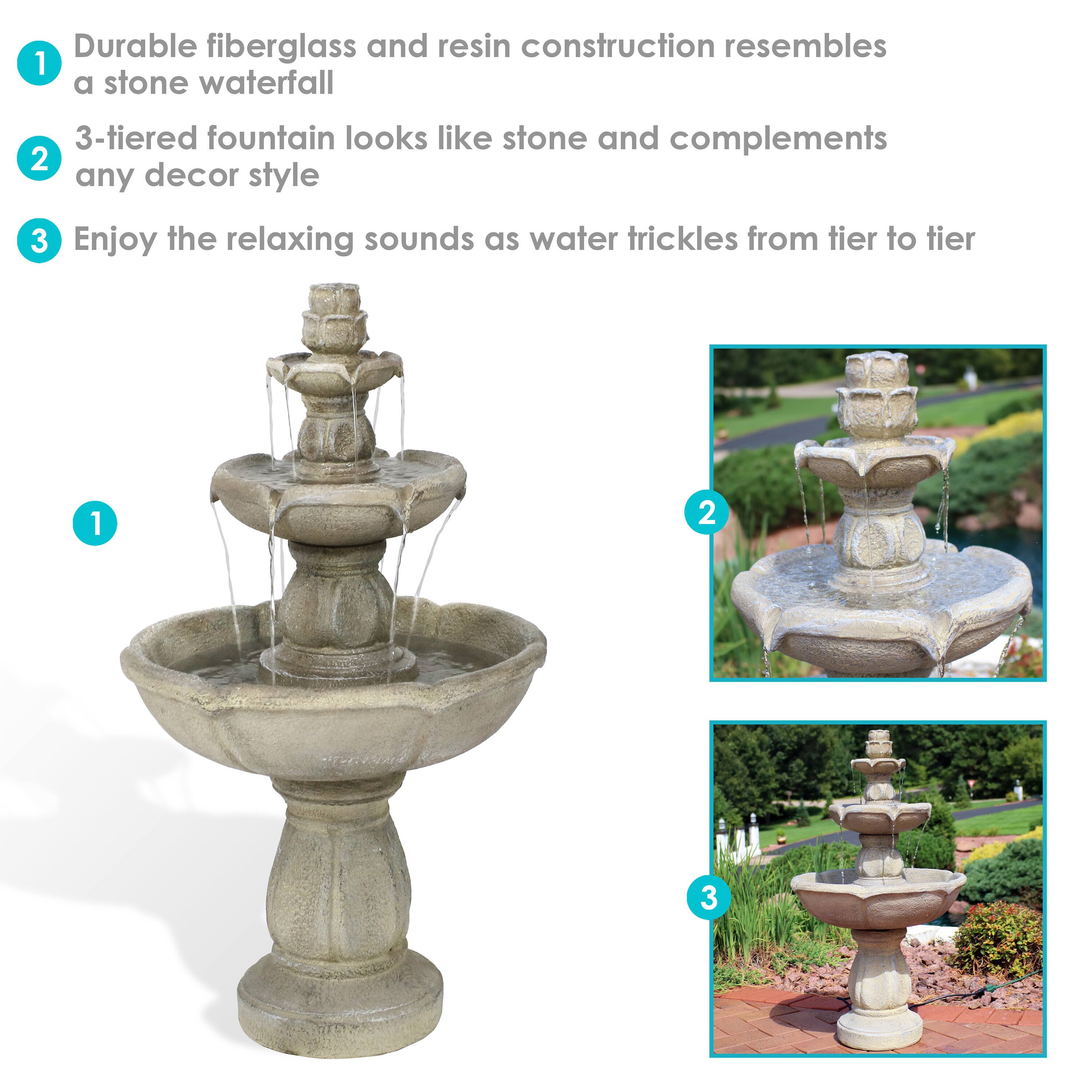 1. Durable fiberglass and resin construction resembles a stone waterfall
2. 3-tiered fountain looks like stone and complements any decor style
3. Enjoy the relaxing sounds as water trickles from tier to tier