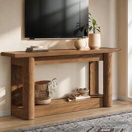 Tribesigns - 63-Inch Farmhouse TV Stand with 2 Open Storage Shelves and Curved Legs for TVs up to 75 Inches - Rustic Brown