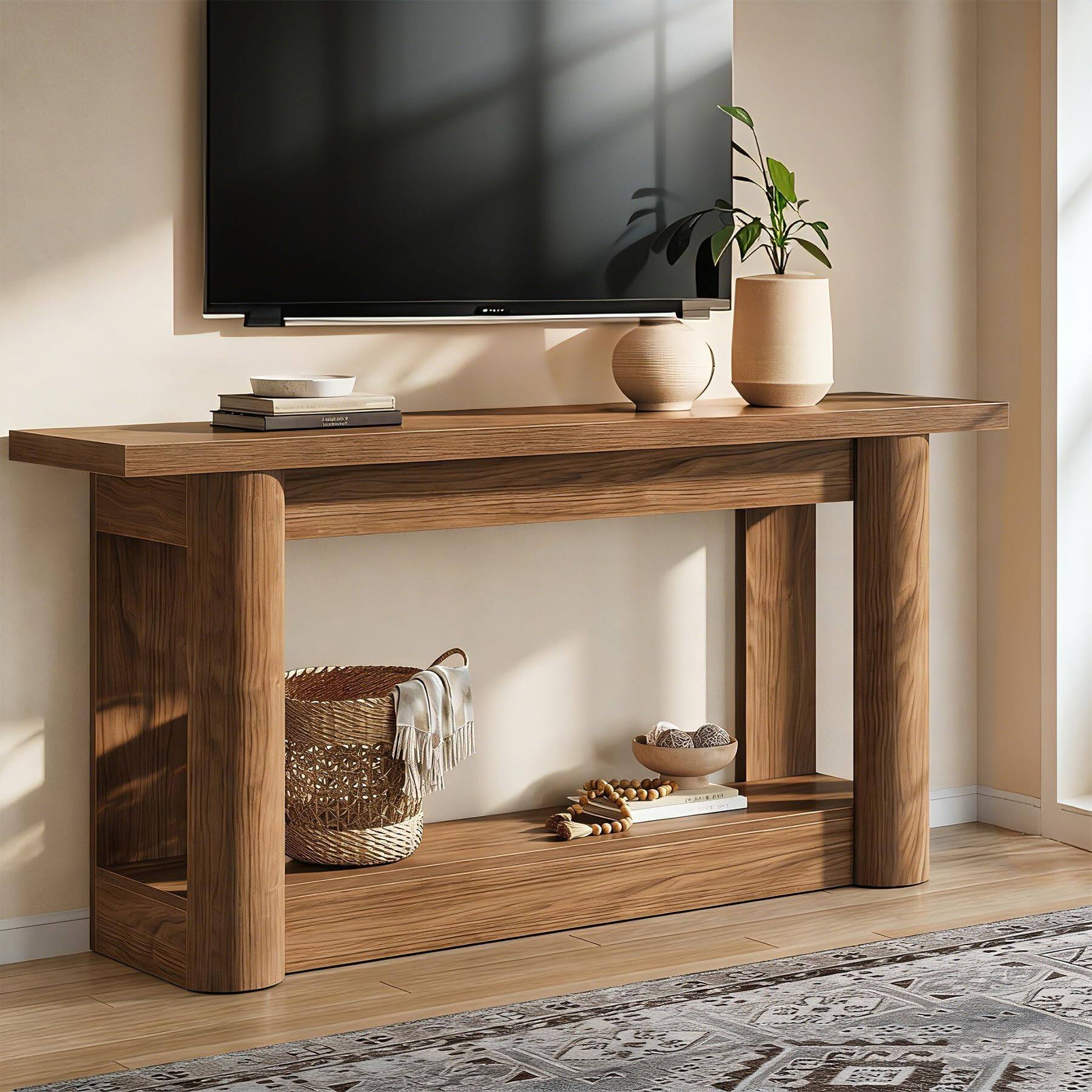 Tribesigns - 63-Inch Farmhouse TV Stand with 2 Open Storage Shelves and Curved Legs for TVs up to 75 Inches - Rustic Brown