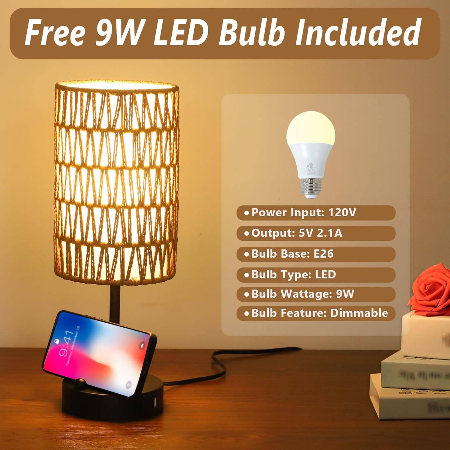 Free 9W LED Bulb Included

- Power Input: 120V
- Output: 5V 2.1A
- Bulb Base: E26
- Bulb Type: LED
- Bulb Wattage: 9W
- Bulb Feature: Dimmable