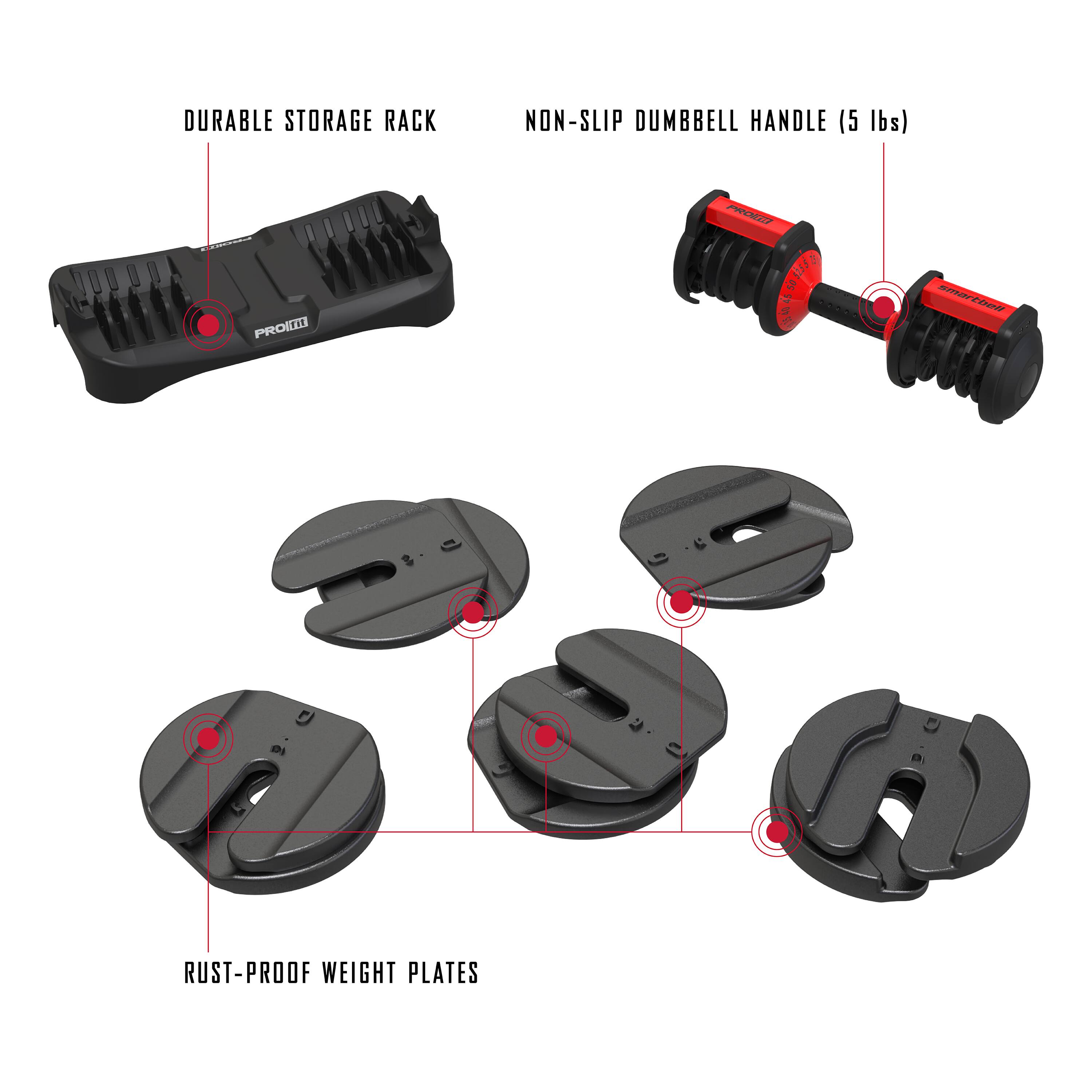 DURABLE STORAGE RACK  
NON-SLIP DUMBBELL HANDLE (5 lbs)  
RUST-PROOF WEIGHT PLATES