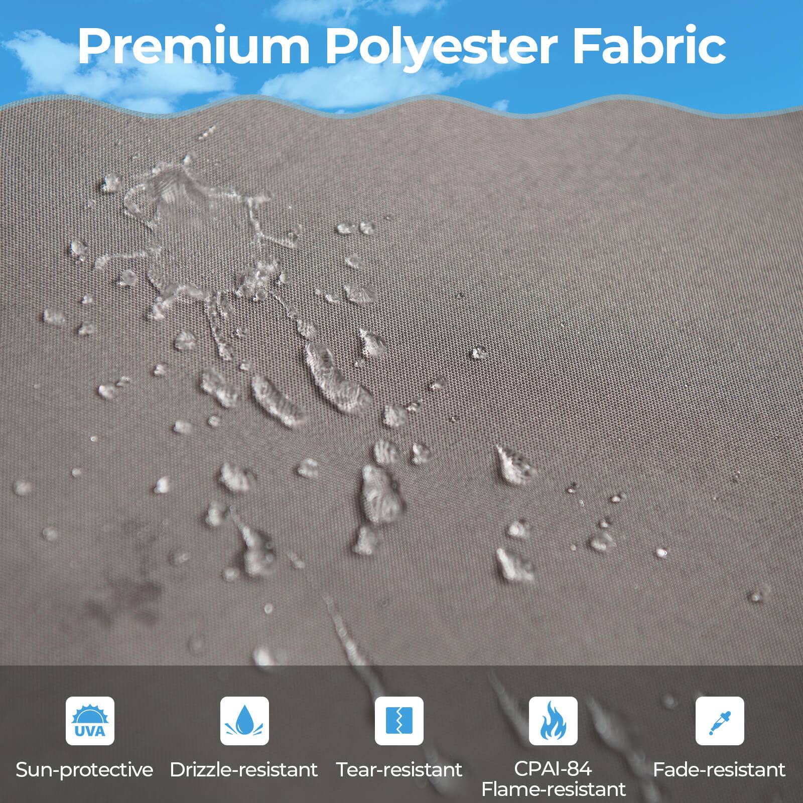 Premium Polyester Fabric

- Sun-protective
- Drizzle-resistant
- Tear-resistant
- CPAI-84 Flame-resistant
- Fade-resistant