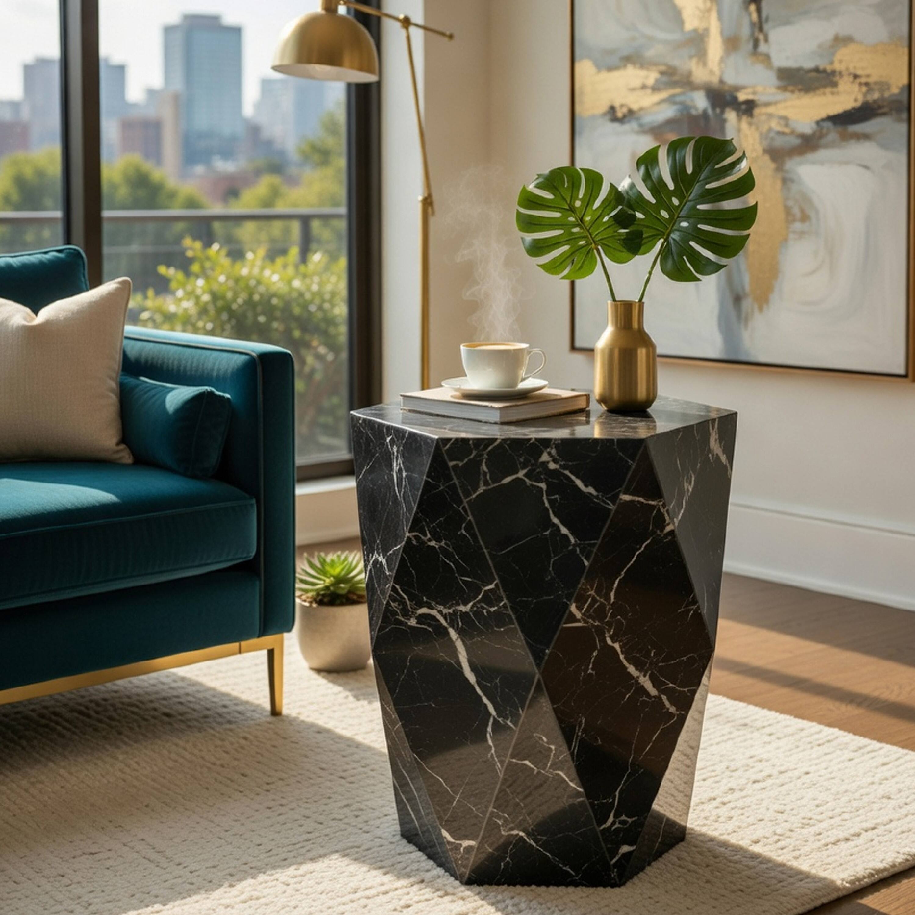 Alt View 7. Manhattan Lane - Kia Side End Table, Modern Hex Drum Shape, Faceted Black Glass 19 Inch - Black.