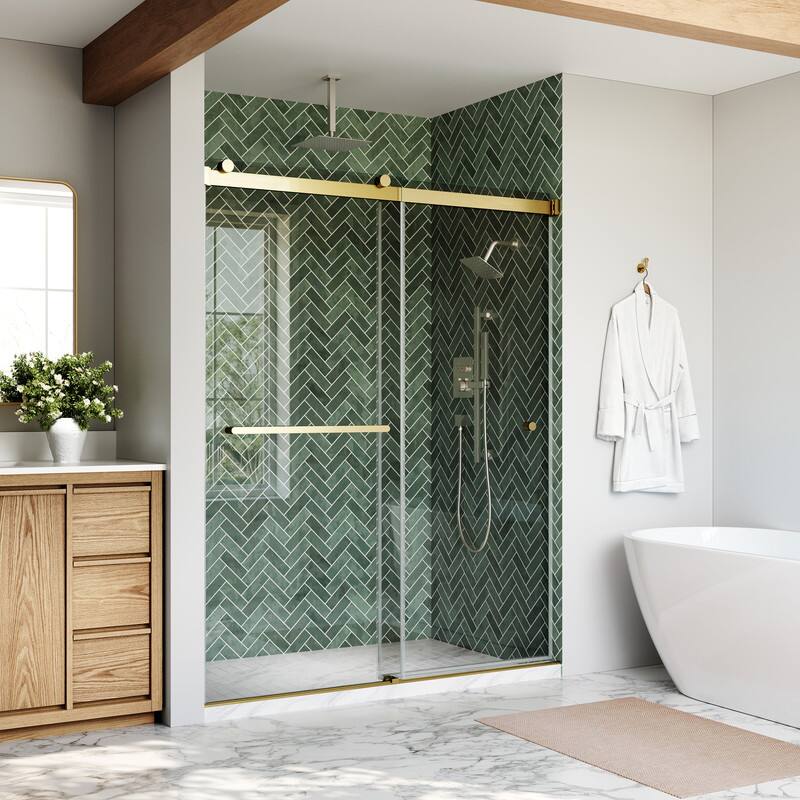 Angle. WELLFOR - 56-60 in W x 74 in H Double Sliding Frameless Shower Door with 1/4 in. Clear SGCC Tempered Glass - Brushed Gold.