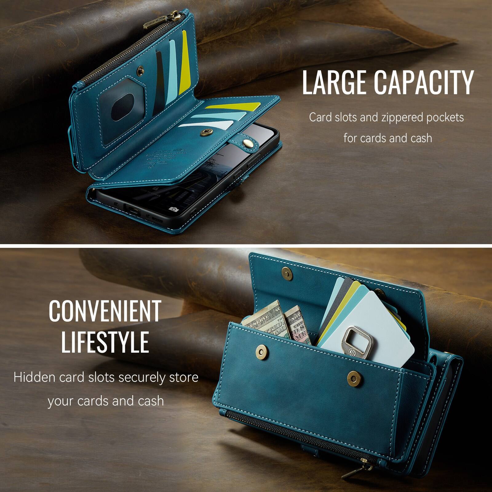 LARGE CAPACITY  
Card slots and zippered pockets for cards and cash  

CONVENIENT LIFESTYLE  
Hidden card slots securely store your cards and cash