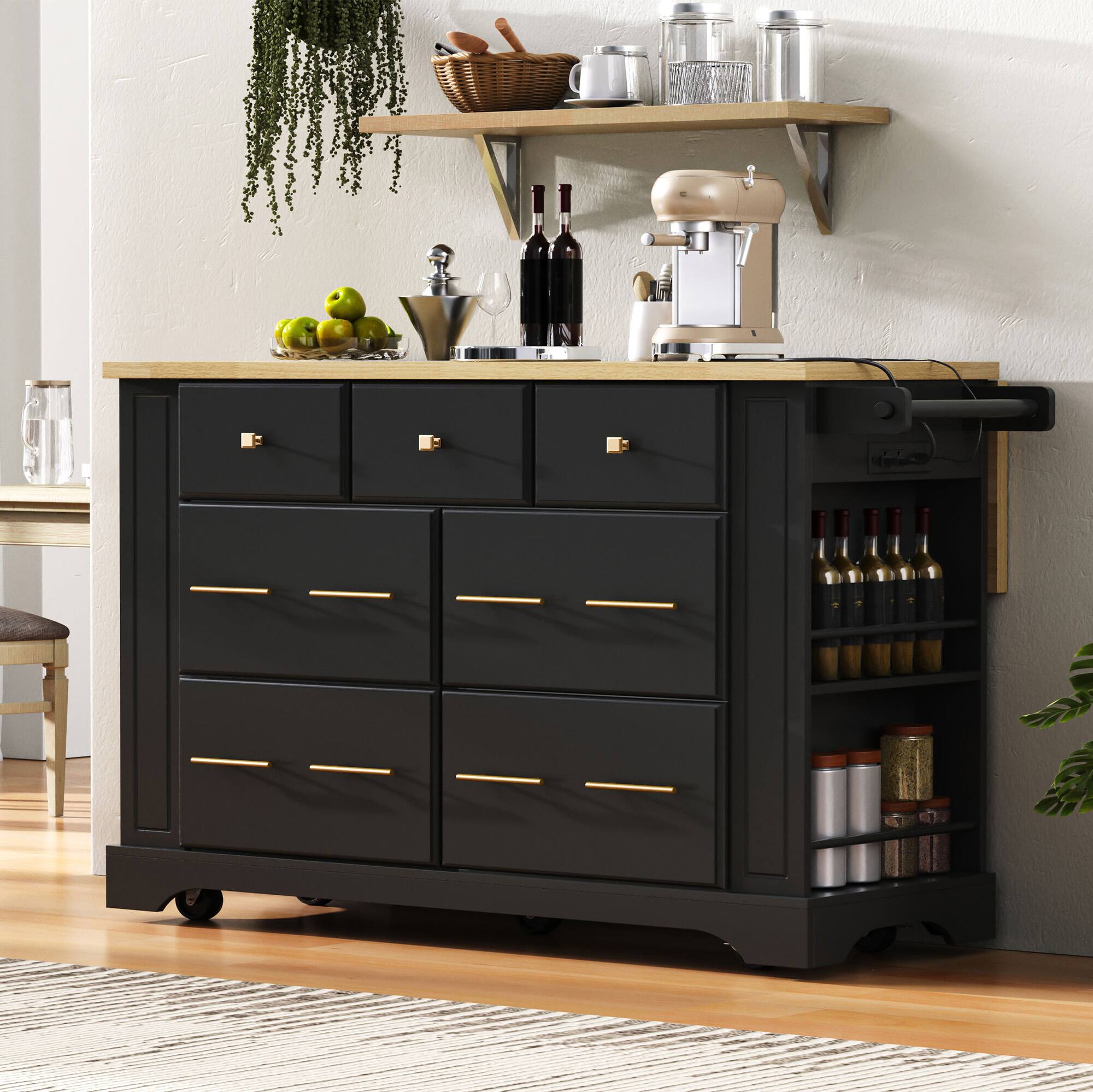 Angle. GOODSILO - Kitchen Island with 6 Drawers, Pull Out Trash Can, Rolling Wheels, Drop Leaf & Power Outlet - Black.