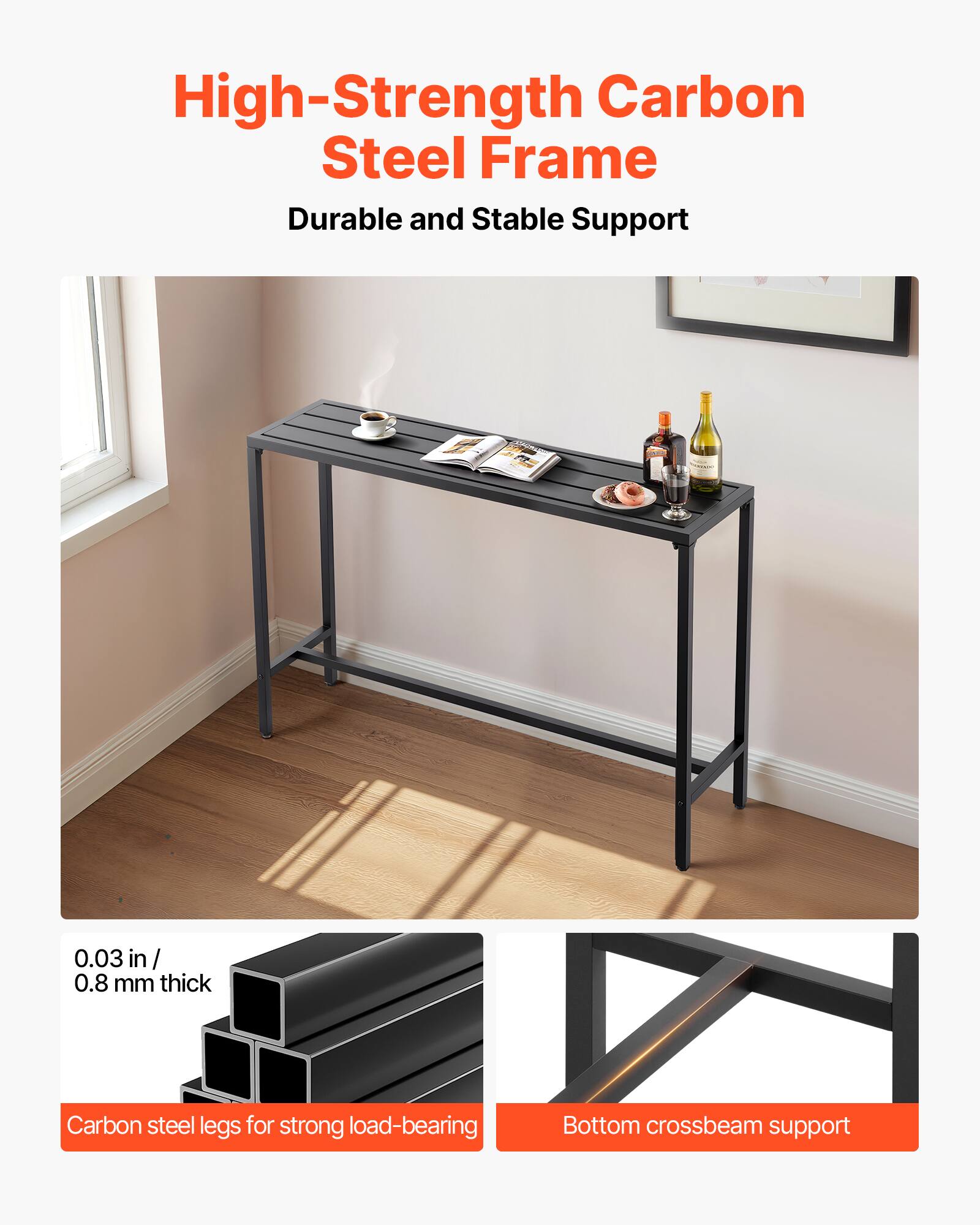 High-Strength Carbon Steel Frame  
Durable and Stable Support  

0.03 in / 0.8 mm thick  
Carbon steel legs for strong load-bearing  

Bottom crossbeam support