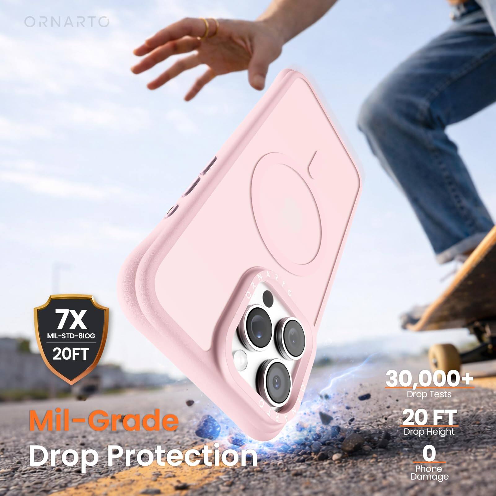 ORNARTO S 7X MIL-STD-810G 20FT Mil-Grade Drop Protection 30,000+ Drop Tests 20 FT Drop Height 0 Phone Damage