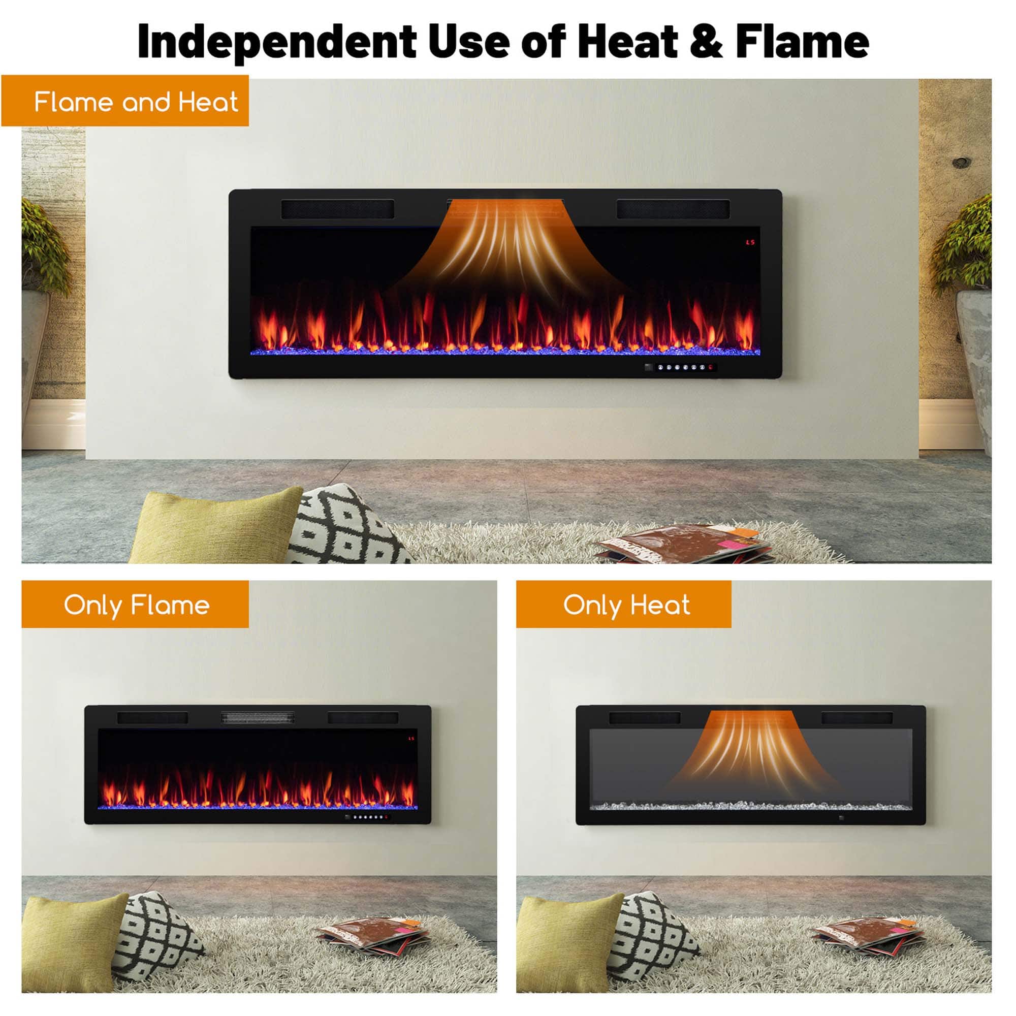 Costway 50" Electric Fireplace Recessed Ultra Thin Wall Mounted Heater - Thumbnail 3