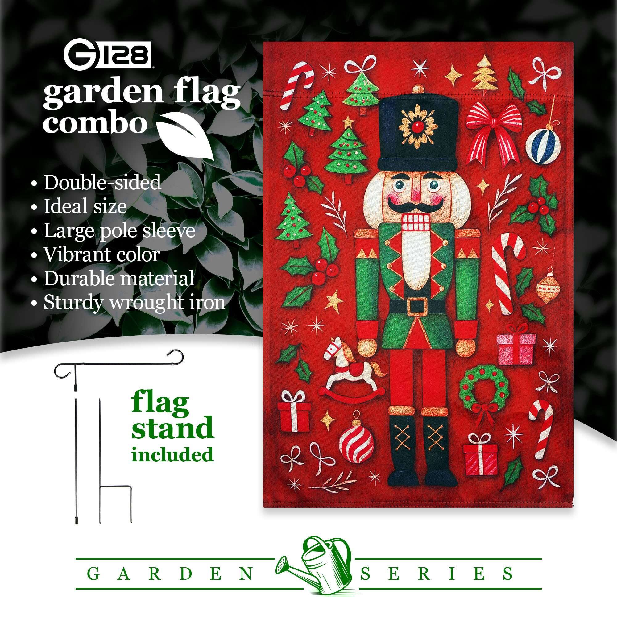G128 garden flag combo

- Double-sided
- Ideal size
- Large pole sleeve
- Vibrant color
- Durable material
- Sturdy wrought iron

flag stand included

GARDEN SERIES