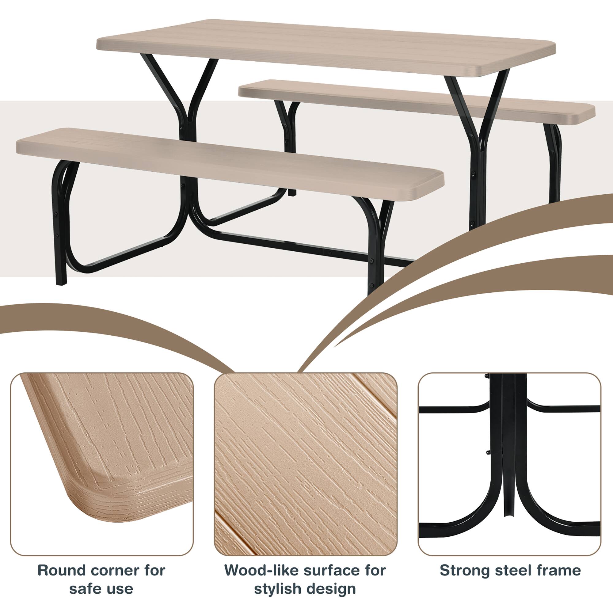 - Round corner for safe use
- Wood-like surface for stylish design
- Strong steel frame