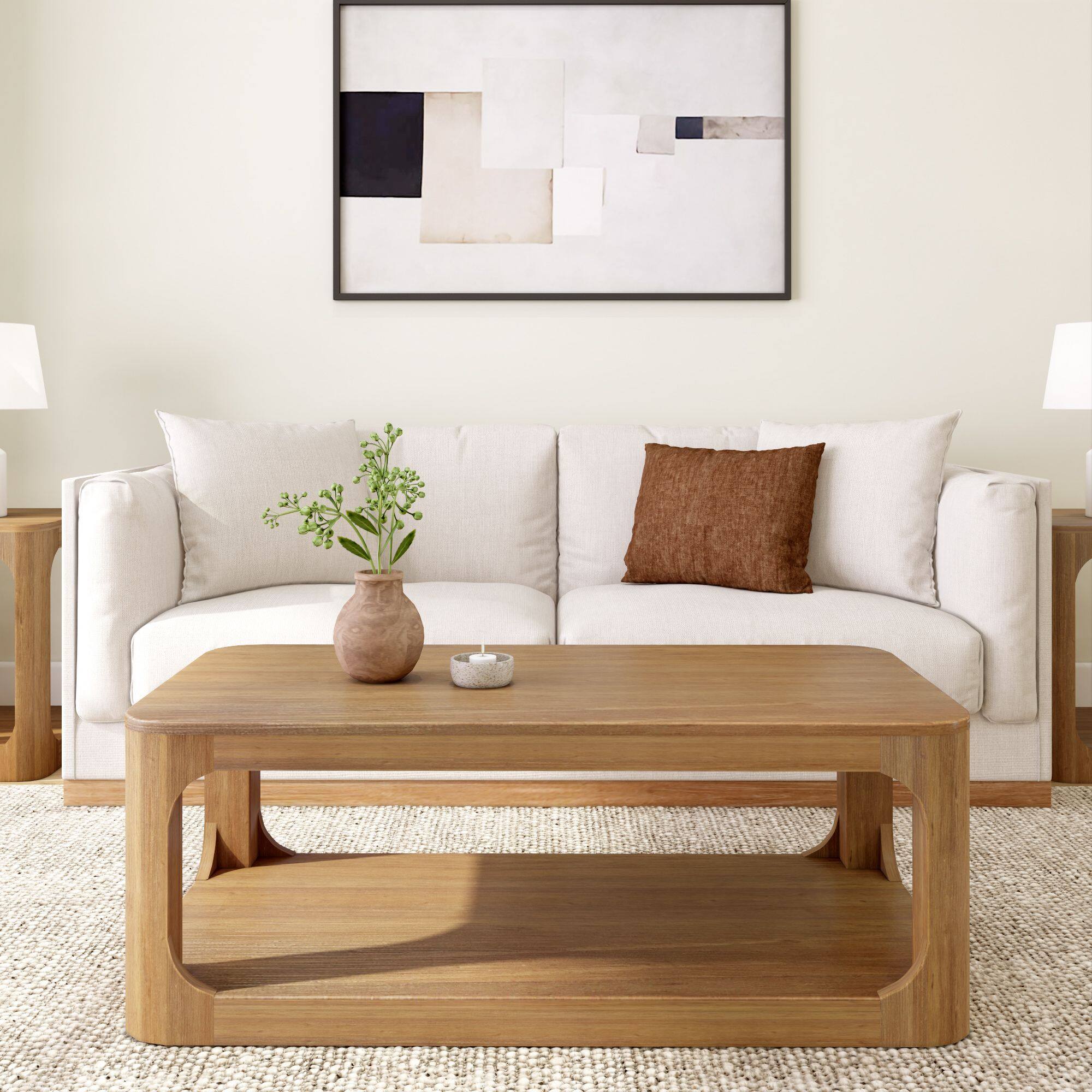 Alt View 1. Plank+Beam - Forma Rectangular Coffee Table with Shelf (48in x 24in / 1220mm x 610mm), Pecan - Pecan.