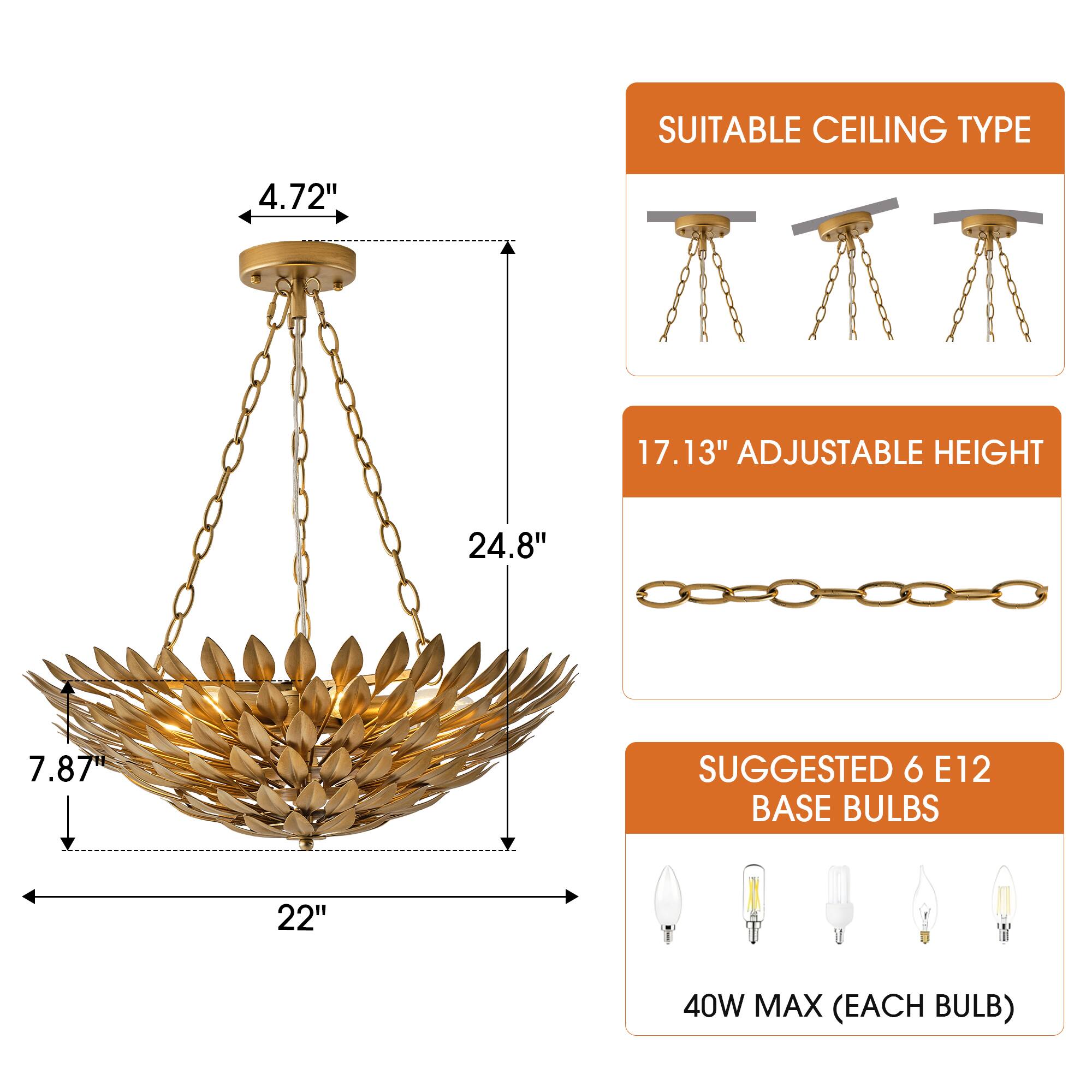 SUITABLE CEILING TYPE  
4.72"  
17.13" ADJUSTABLE HEIGHT  
24.8"  
7.87"  
SUGGESTED 6 E12 BASE BULBS  
22"  
40W MAX (EACH BULB)