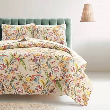 Front. Hivvago - King size 3 Piece Peacock Birds Floral Lightweight Polyester Quilt Set Tan - Tan.