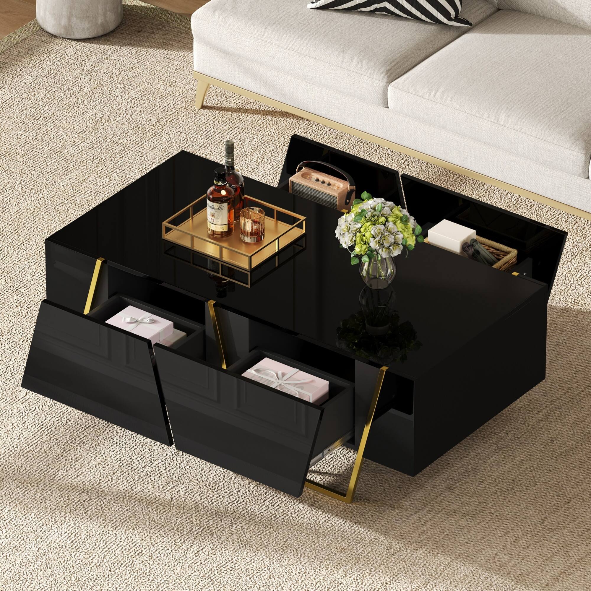 Left. GOODSILO - Modern Rectangular High Gloss Coffee Table with Storage Drawers and Gold Metal Base for Contemporary Living Room - Black+Gold.