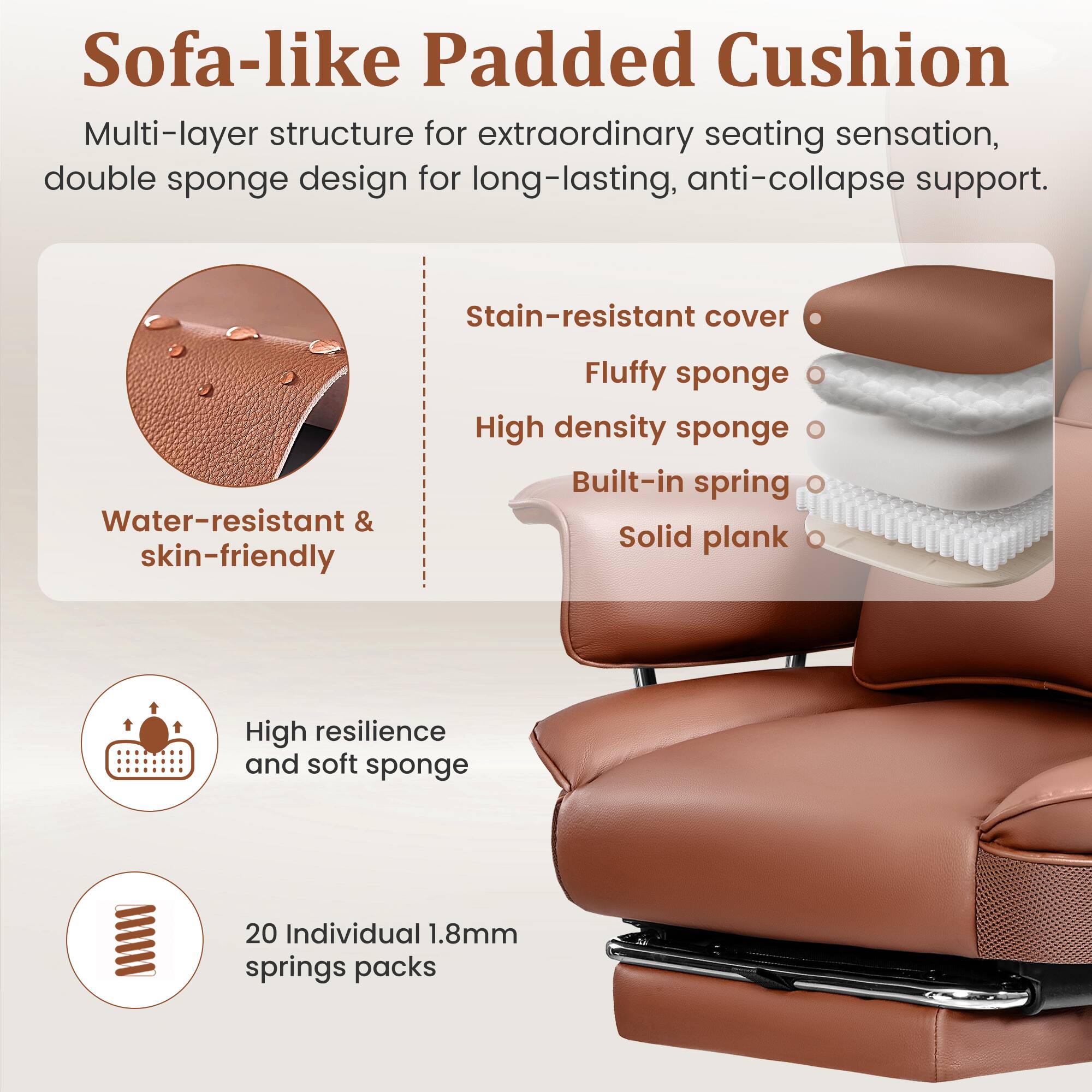 Sofa-like Padded Cushion

Multi-layer structure for extraordinary seating sensation, double sponge design for long-lasting, anti-collapse support.

- Stain-resistant cover
- Fluffy sponge
- High density sponge
- Built-in spring
- Solid plank
- Water-resistant & skin-friendly
- High resilience and soft sponge
- 20 Individual 1.8mm springs packs