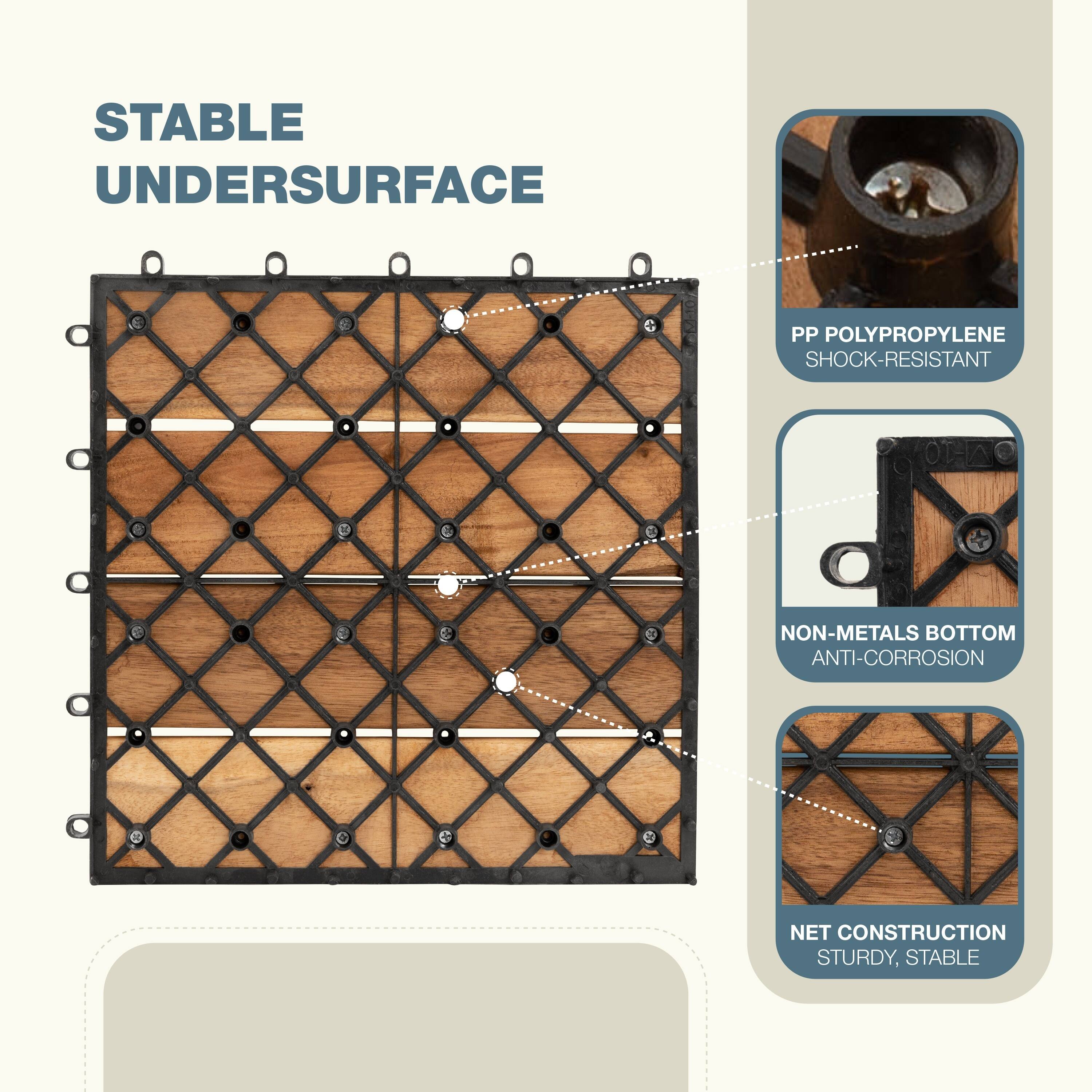 The corrected text is:

"Stable Undersurface: PP Polypropylene Shock-Resistant, Non-Metals Bottom Anti-Corrosion, Net Construction, Sturdy, Stable."